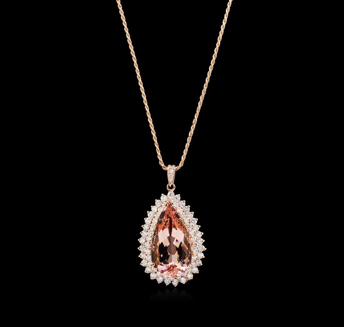 23.16 ctw Morganite and Diamond Pendant With Chain -: One electronically tested 14KT rose gold lady's combination cast & assembled fashion pendant & chain 18.0" long, 1.5mm diamond cut rope chain with a lobster claw clasp with a bright polish finish. Ide