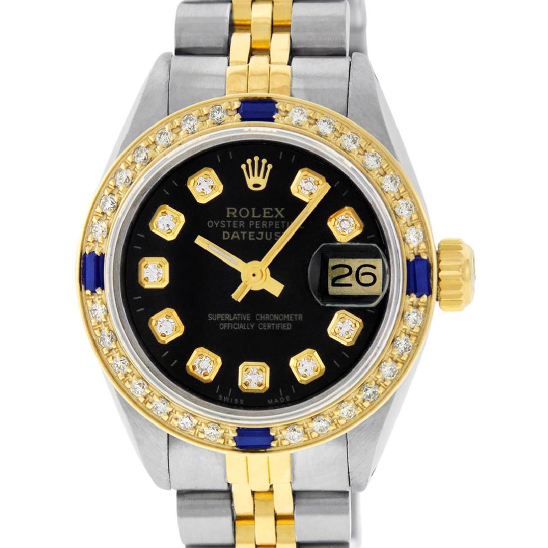 Rolex Ladies 2 Tone Black Diamond & Sapphire Datejust: One Ladies 14K Two Tone Rolex Datejust Polished, Serviced & Electronically Tested, 14K Yellow Gold & Stainless Steel Case: 26mm, 14K Yellow Gold Crown, Custom Bezel: New 18K Yellow Gold Sapphire Beads
