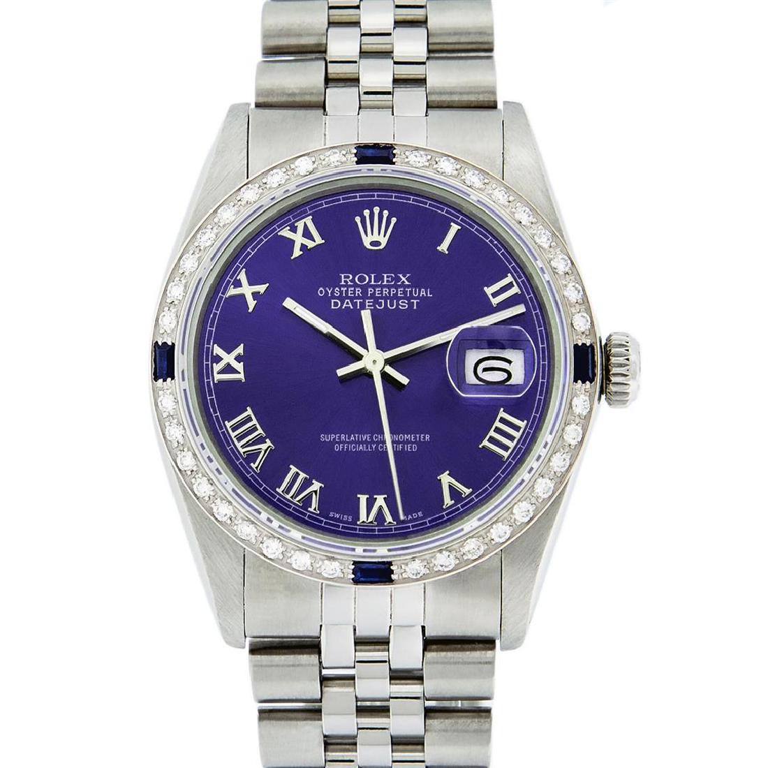 Rolex Mens Stainless Steel Purple Roman Diamond &: One Mens Stainless Steel Rolex Datejust Polished Bright with Satin Finish, This Watch Has Been Serviced & Electronically Tested, Stainless Steel Case: 36mm, Stainless Steel Crown, Custom Bezel: New 18
