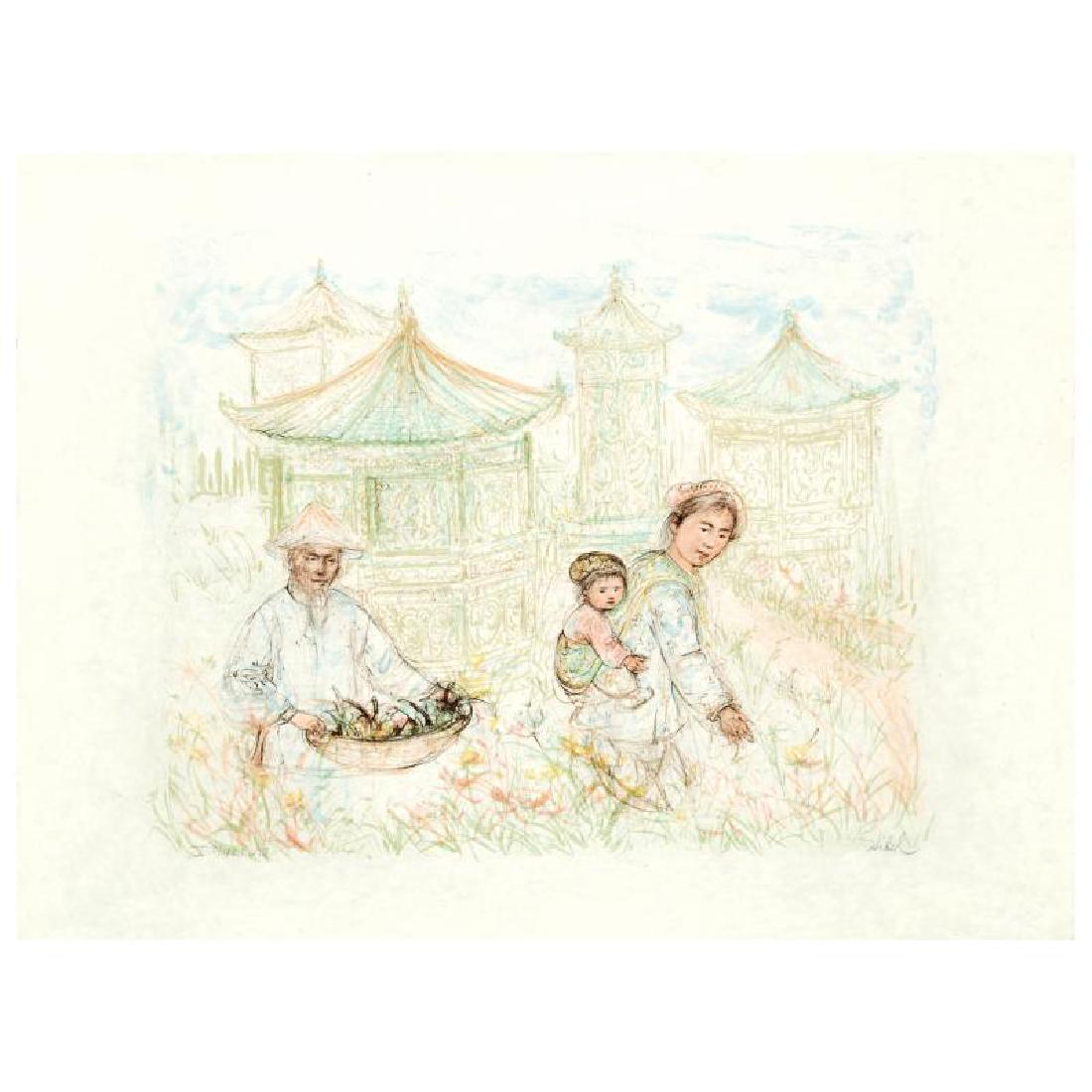 Then and Now by Hibel (1917-2014): "Then and Now" is a limited edition lithograph on rice paper, numbered and hand signed by Edna Hibel (1917-2014). Includes Certificate of Authenticity! Measures approx. 26.5" x 20" (with border), 20" 