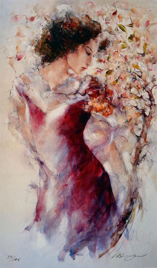 Beautiful Gary Benfield Flora: Artist: Gary Benfield - Title: Flora - Medium: Fine Art Giclee on Canvas - Signature: Hand-signed by the Artist - Limited Edition: 195 - Image Size: Approximately 20 inches x 12 inches - Framed: Unfra