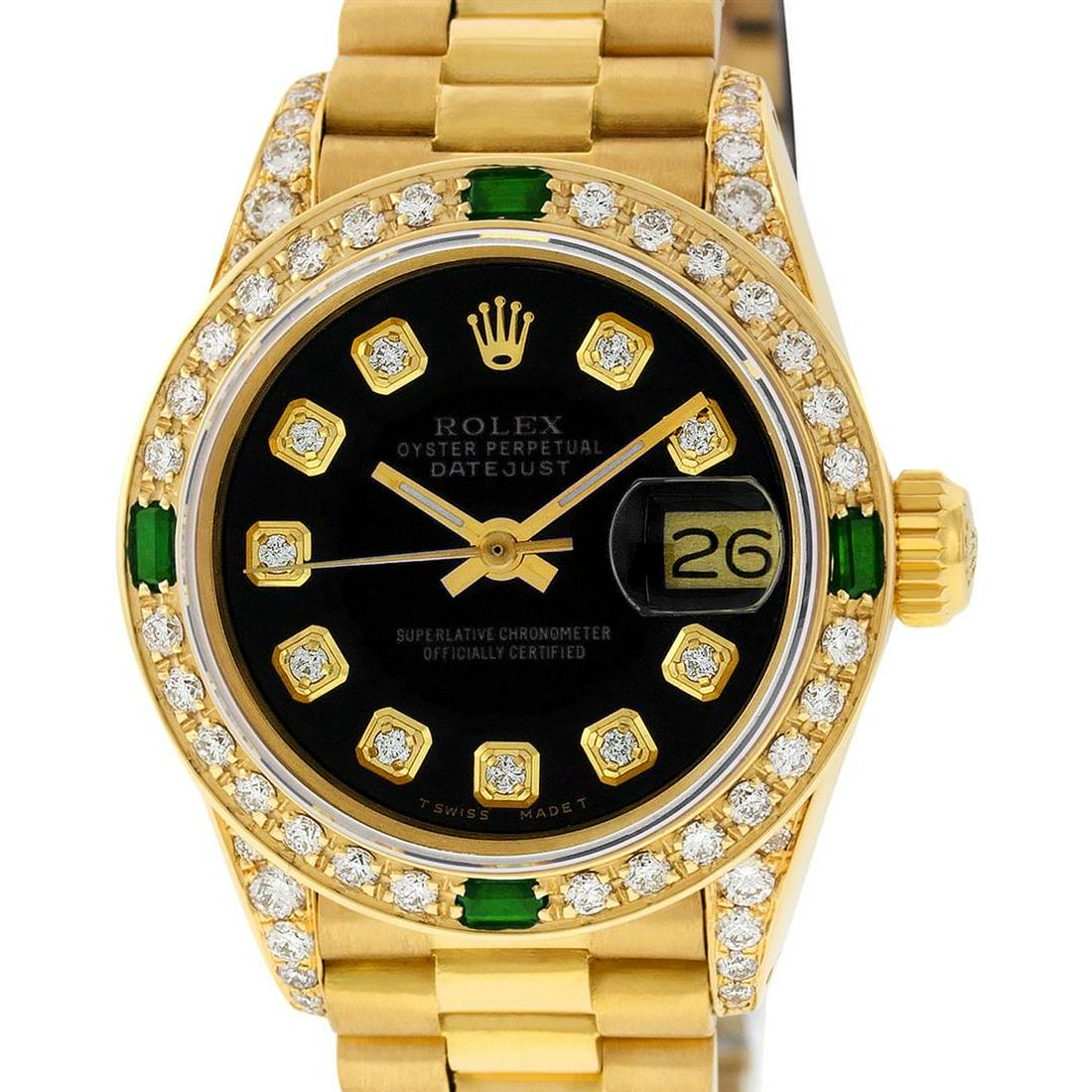 Rolex Ladies 18K Yellow Gold Black Diamond And Emerald: One Ladies Rolex President Polished, Serviced & Electronically Tested, Yellow Gold Case With Diamond Lugs: 26mm G to H In Color, SI1, Yellow Gold Crown, Custom Diamond Lugs: 24 Diamonds On Lugs, Clari
