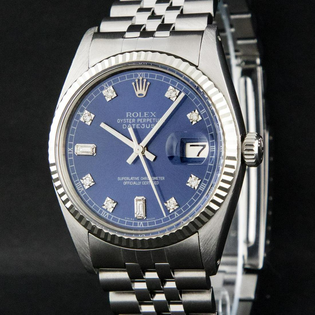 Rolex Stainless Steel Blue Diamond And White Fluted: One Gents Rolex Datejust Polished, Serviced & Electronically Tested, Stainless Steel Case:36mm, Stainless Steel Crown, Bezel: 18K White Gold Fluted Bezel. Custom Crystal: Acrylic Cyclops Lens. Movemen