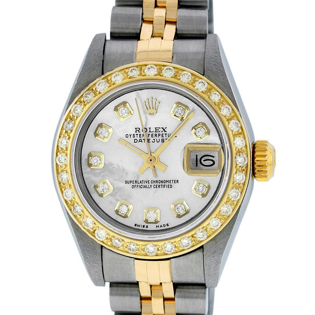 Rolex Ladies Quickset 2 Tone Mother Of Pearl Diamond: One Ladies 18K Two Tone Rolex Datejust Polished, Serviced & Electronically Tested, 18K Yellow Gold & Stainless Steel Case: 26mm, 18K Yellow Gold Crown, Custom Bezel: New 18K Yellow Gold Beadset Diamon