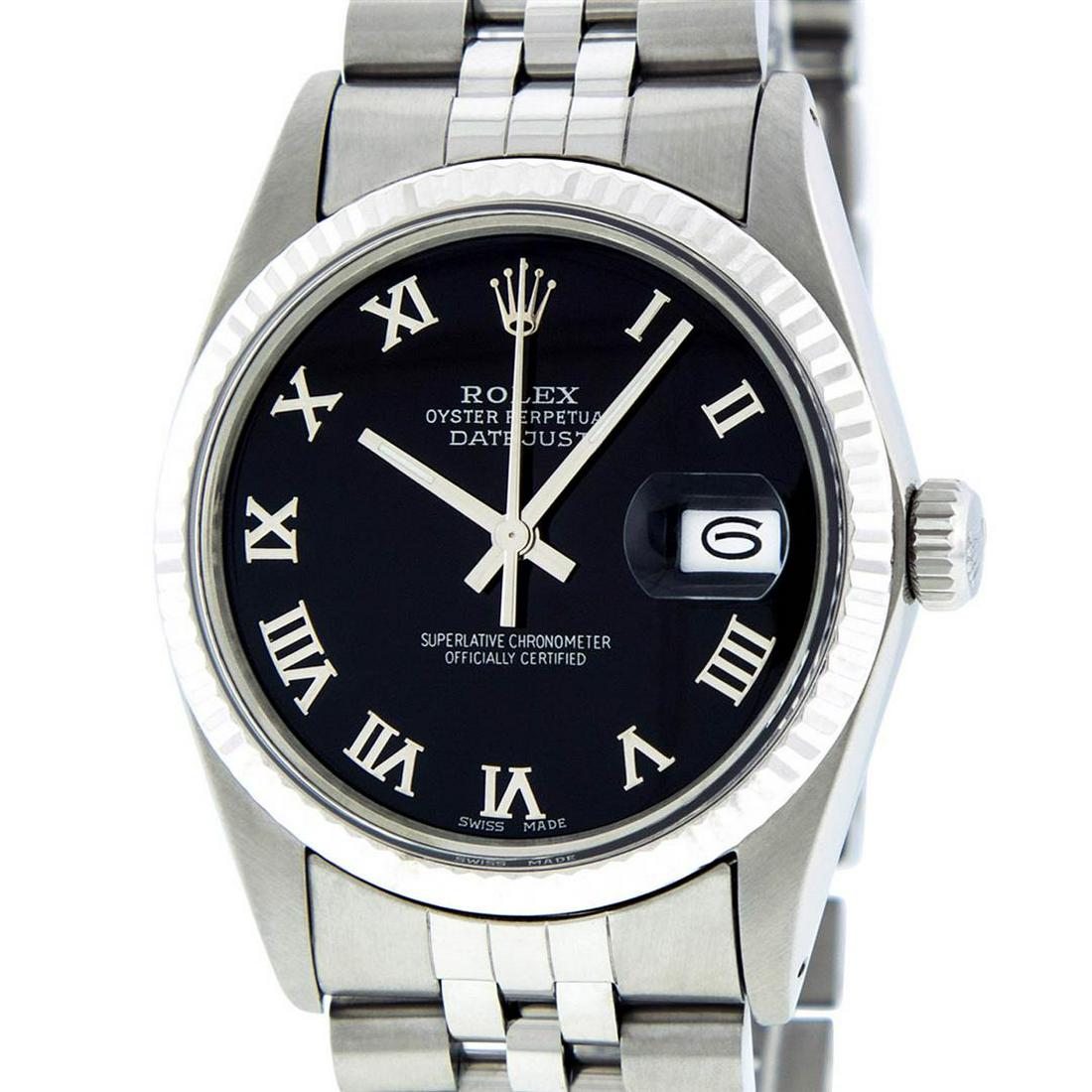 Rolex Mens Stainless Steel Black Roman Datejust 36MM: One Mens Stainless Steel Rolex Datejust Polished Bright with Satin Finish, Serviced & Electronically Tested, Stainless Steel Case: 36mm, Stainless Steel Crown, Bezel: 14K White Gold Fluted Bezel. Cust