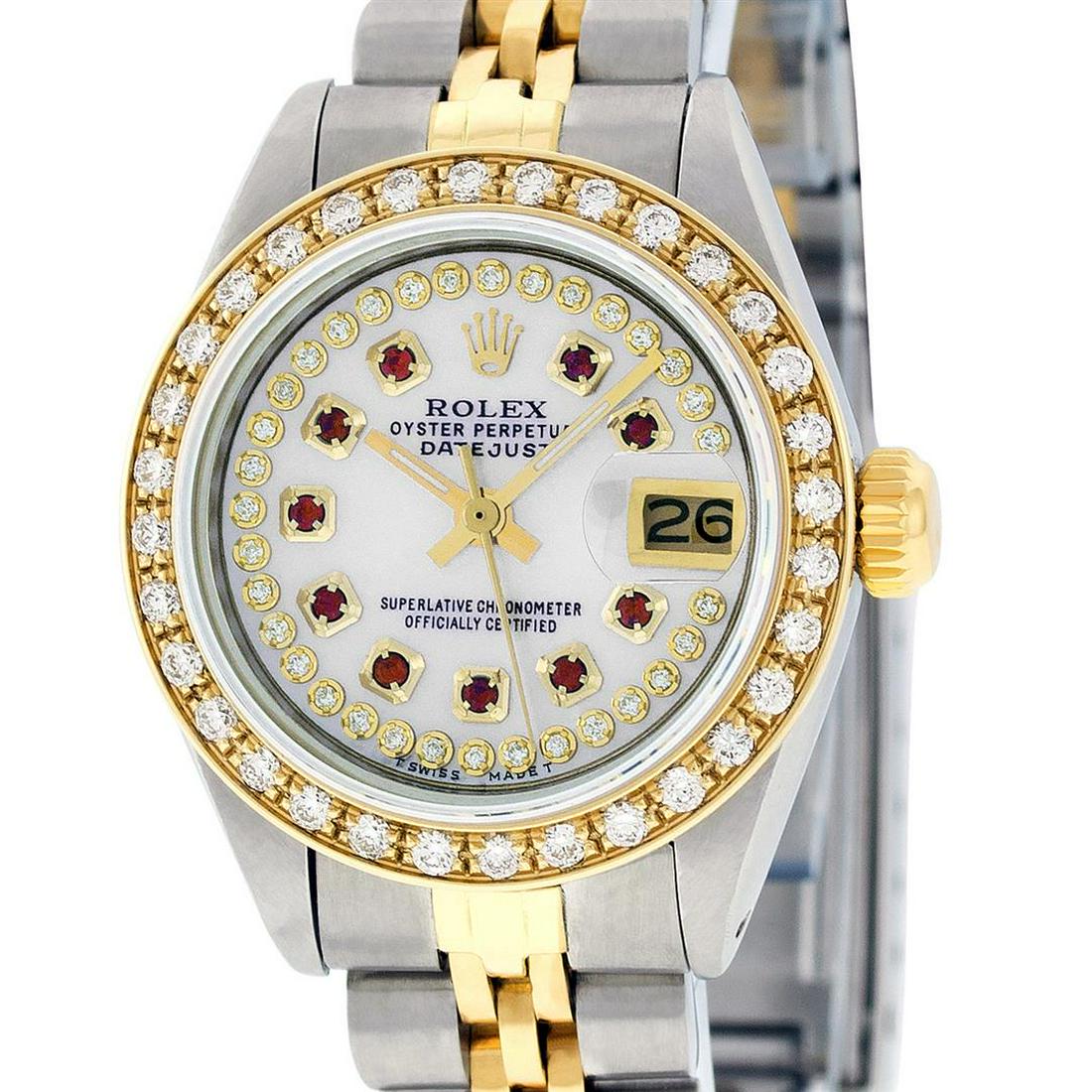 Rolex Ladies 2 Tone 14K MOP Ruby String Diamond: One Ladies 14K Two Tone Rolex Datejust Polished, Serviced & Electronically Tested, 14K Yellow Gold & Stainless Steel Case: 26mm, 14K Yellow Gold Crown, Custom Bezel: New 18K Yellow Gold Beadset Diamon