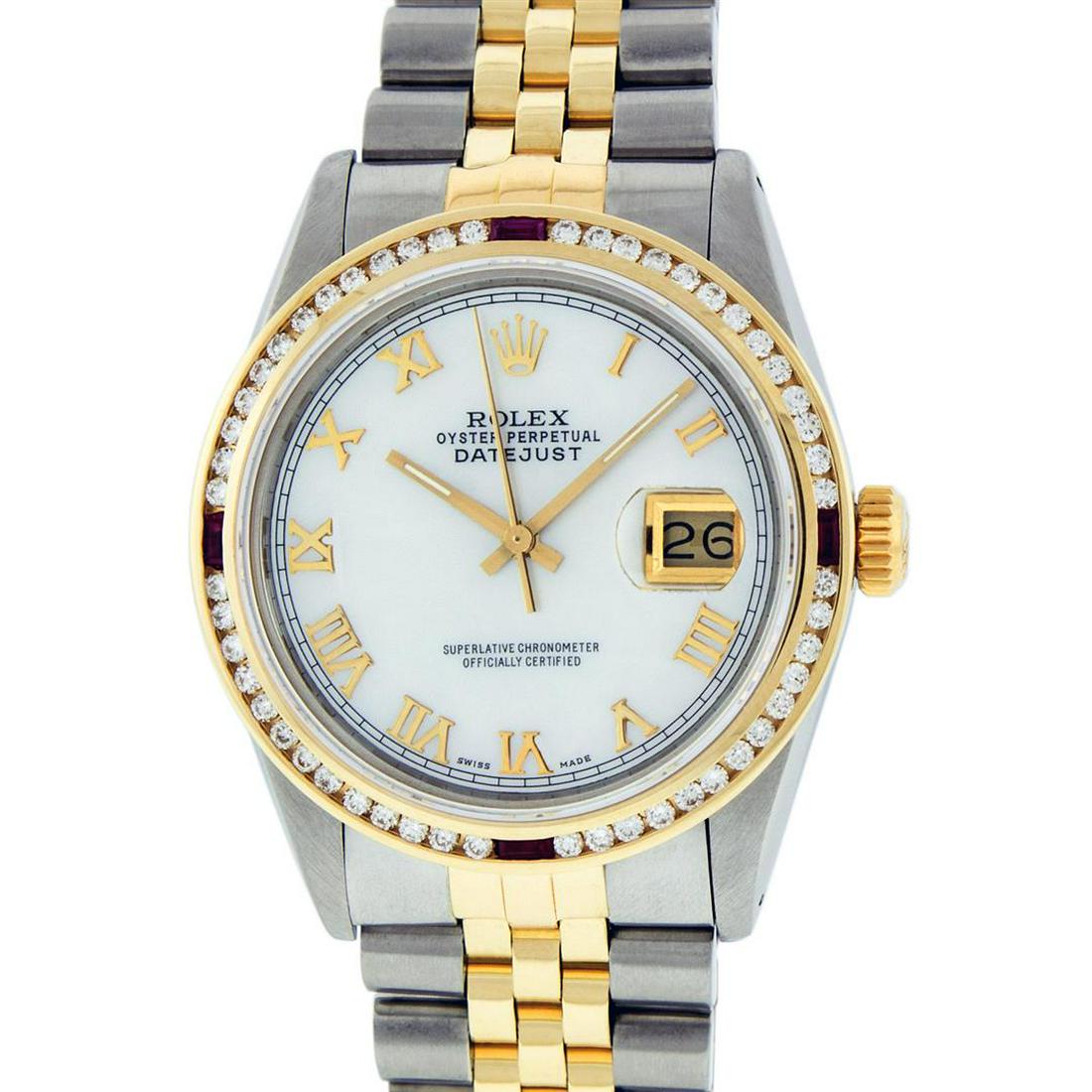 Rolex Mens 2 Tone 14K MOP Roman & Ruby Channel Set: One Mens 14K Yellow Gold Two Tone Rolex Datejust Polished, Serviced & Electronically Tested, 14K Yellow Gold & Stainless Steel Case: 36mm, 14K Yellow Gold Crown, Custom Bezel: 18K Yellow Gold Ruby Cha