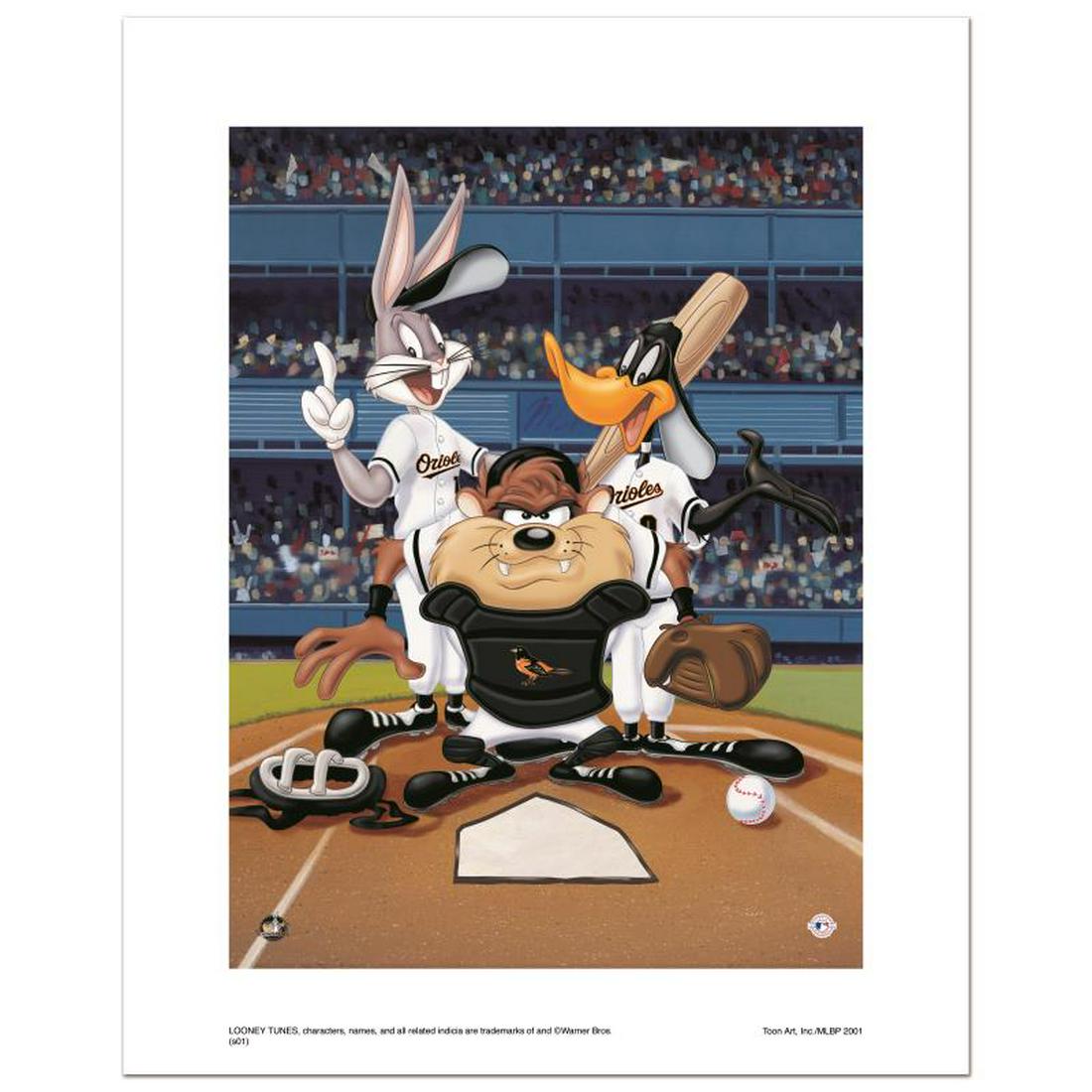 At the Plate (Orioles) by Looney Tunes: "At the Plate (Orioles)" is a limited edition giclee on paper from Warner Bros. featuring iconic Looney Tunes characters in Baltimore Orioles MLB uniforms. It comes numbered, with hologram seal, and a