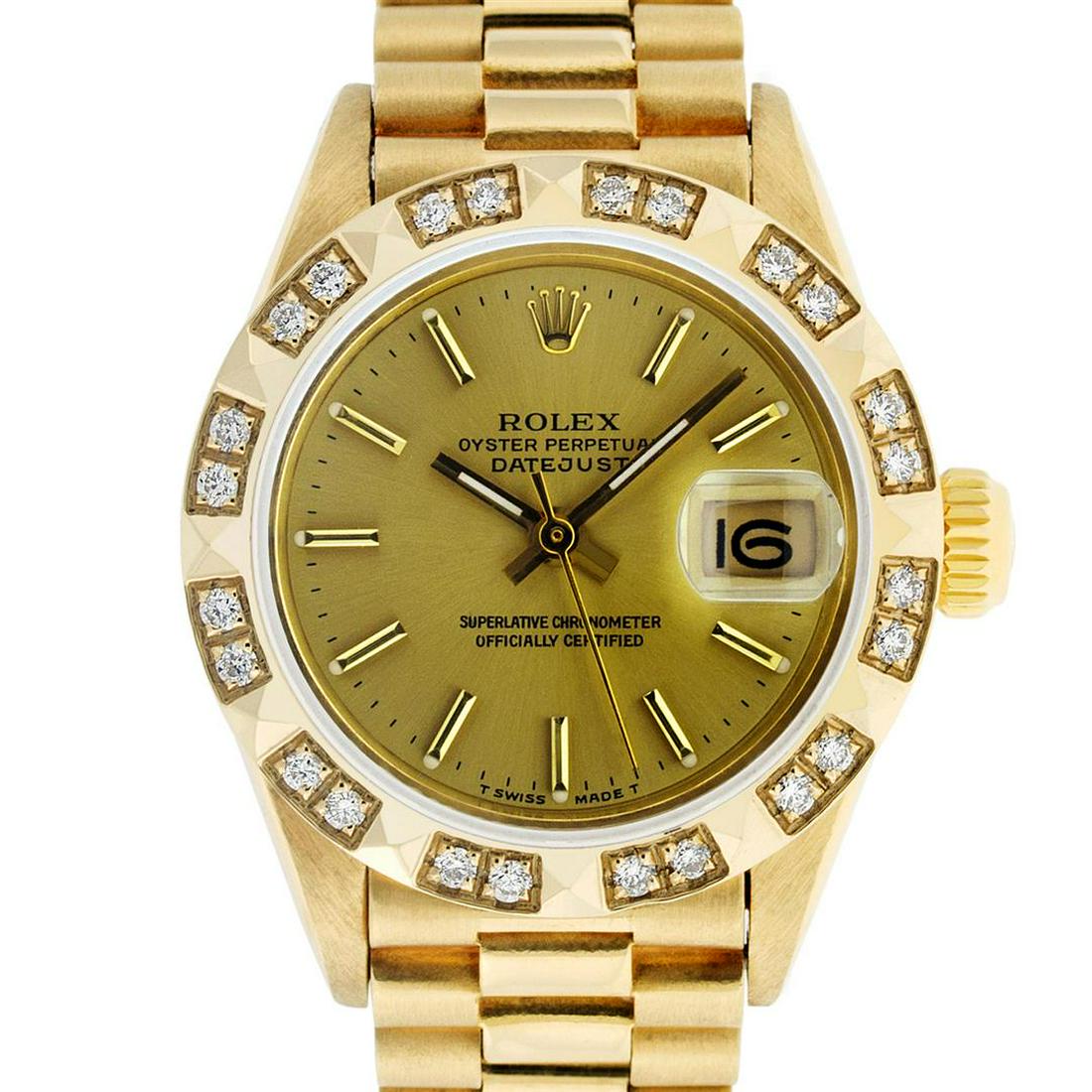 Rolex Ladies 18K Yellow Diamond And Champagne Index: One Ladies 18K Yellow Gold Rolex President Polished, Serviced & Electronically Tested, Yellow Gold Case: 26mm, 18K Yellow Gold Crown, Custom Bezel: New 18K Yellow Gold Pyramid Diamond Bezel, Diamond C