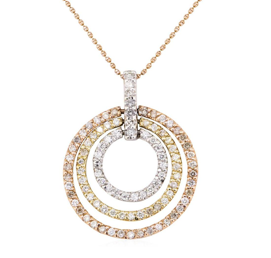 1.70 ctw Diamond Pendant And Chain - 14KT Rose, White: One electronically tested 14KT rose, white and yellow gold lady's combination cast & assembled fashion triple circle pendant and chain 16.0' long, 1mm oval ball type link with a lobster claw clasp wit