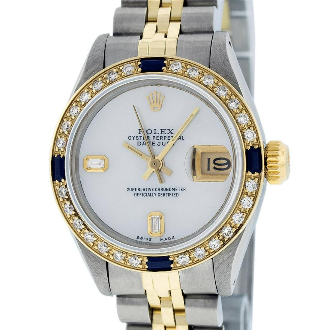 Rolex Ladies 2 Tone 14K MOP & Sapphire Diamond Datejust: One Ladies 14K Two Tone Rolex Datejust Polished, Serviced & Electronically Tested, 14K Yellow Gold & Stainless Steel Case: 26mm, 14K Yellow Gold Crown, Custom Bezel: New 18K Yellow Gold Sapphire Beads