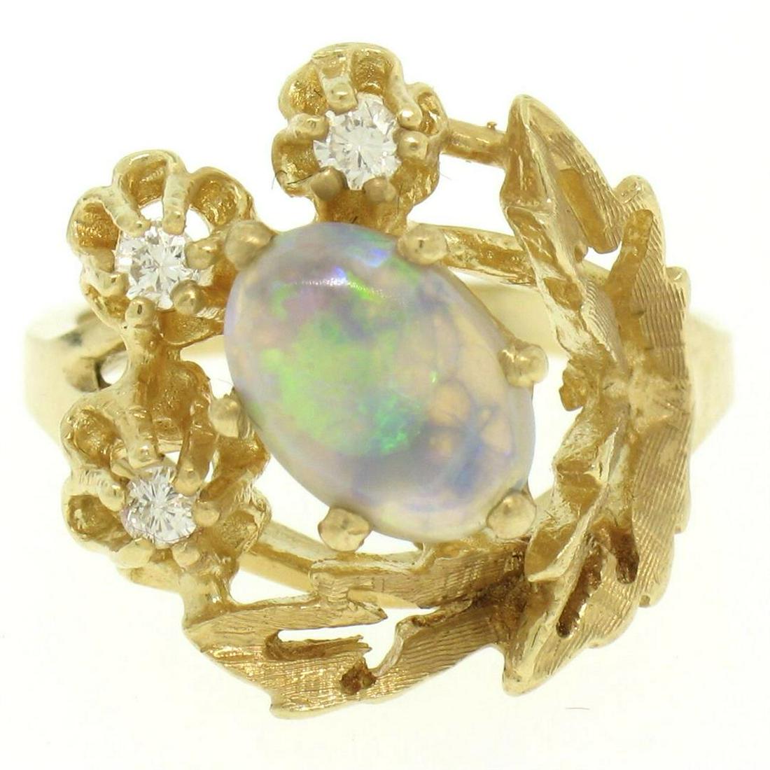 14K Yellow Gold 1.59 ctw Cabochon Opal & Diamond: One Vintage 14K Yellow Gold 1.59ctw Cabochon Opal & Diamond Textured Cocktail Ring. Item Details - Material: 14K Yellow Gold, Weight: 5.0 Grams, Stone(s): (1) Natural Genuine Opal - Cabochon Cut - Pro