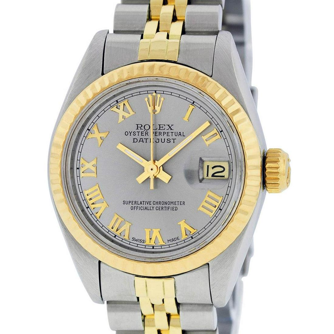 Rolex Ladies 2 Tone 14K Slate Grey Roman Datejust: One Ladies 14K Two Tone Rolex Datejust Polished, Serviced & Electronically Tested, 14K Yellow Gold & Stainless Steel, Case Size: 26mm, 14K Yellow Gold Crown, Bezel: 14K Yellow Gold Fluted Bezel. Custo