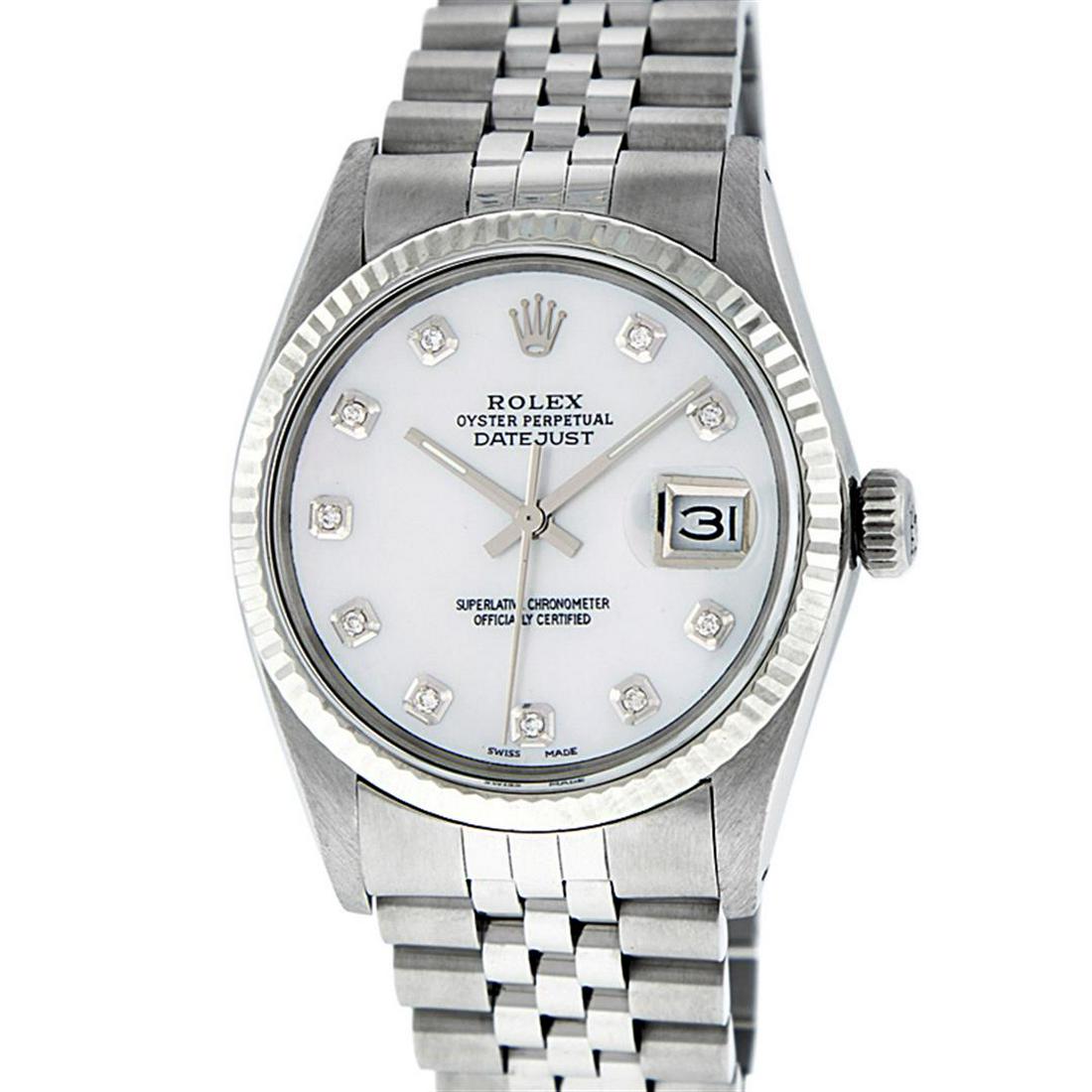 Rolex Mens Stainless Mother Of Pearl Diamond 36MM: One Mens Stainless Steel Rolex Datejust Polished Bright with Satin Finish, This Watch Has Been Serviced & Electronically Tested, Stainless Steel Case: 36mm, Stainless Steel Crown, Bezel: 14K White Gol
