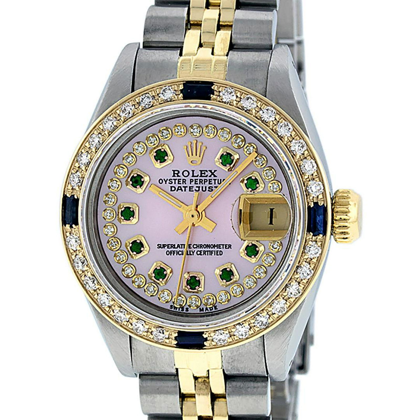 Rolex Ladies 2 Tone 14K Pink MOP Emerald & Sapphire: One Ladies 14K Two Tone Rolex Datejust Polished, Serviced & Electronically Tested, 14K Yellow Gold & Stainless Steel Case: 26mm, 14K Yellow Gold Crown, Custom Bezel: New 18K New Yellow Gold Sapphire B