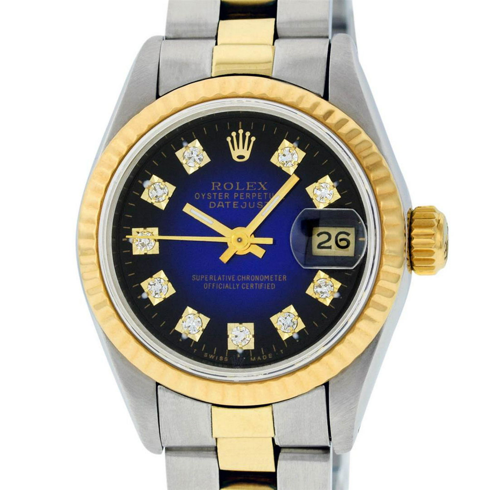 Rolex Ladies 2 Tone 14K Blue Vignette Diamond Datejust: One Ladies 14K Two Tone Rolex Datejust Polished, Serviced & Electronically Tested, 14K Yellow Gold & Stainless Steel Case: 26mm, 14K Yellow Gold Crown, Bezel: 14K Yellow Gold Fluted Bezel. Custom Crys