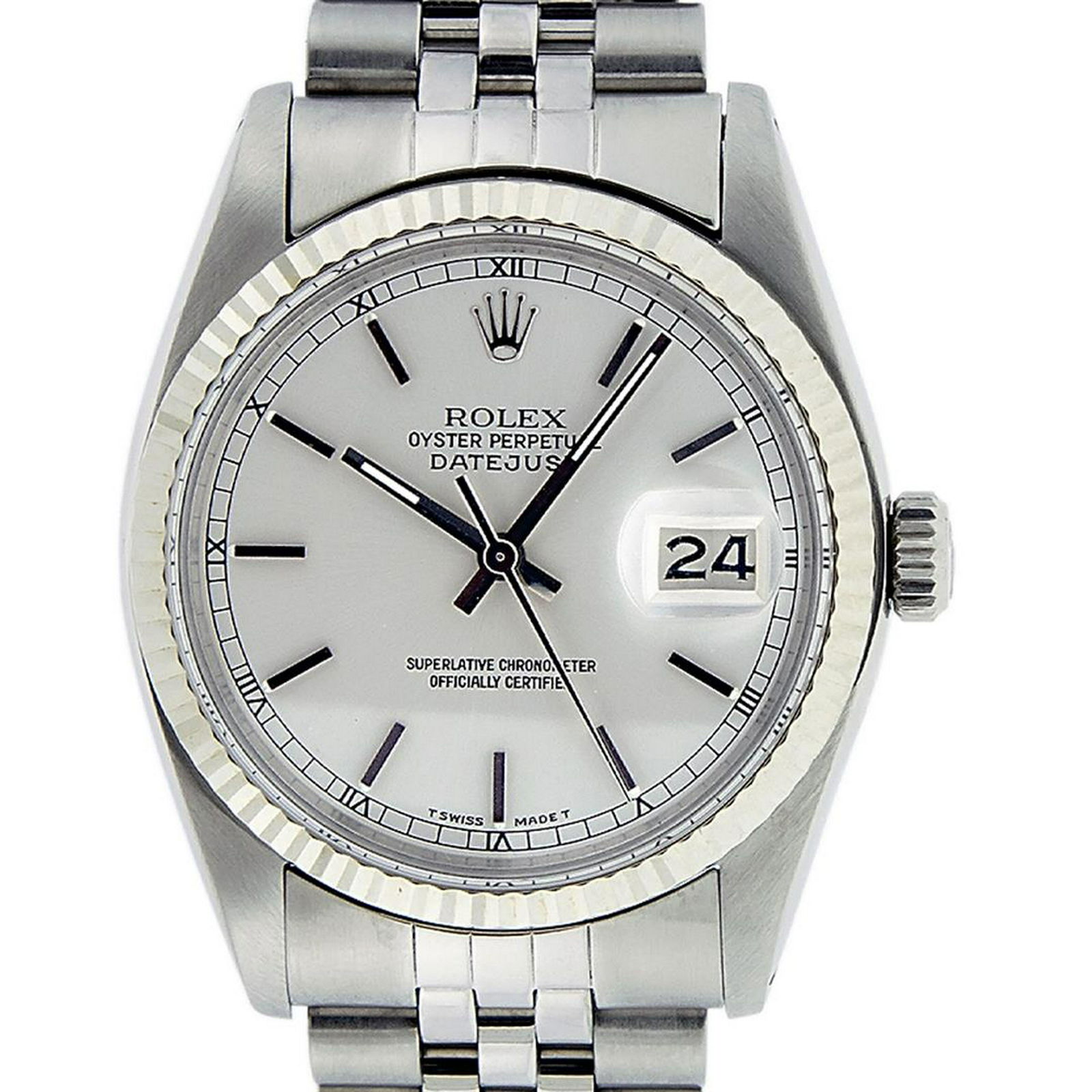 Rolex Mens Stainless Steel 36MM Silver Index Fluted: One Mens Rolex Stainless Steel Rolex Datejust Polished, Serviced & Electronically Tested, Stainless Steel Case: 36mm, Stainless Steel Crown, Bezel: 14K White Gold Fluted Bezel. Custom Crystal: New Acr