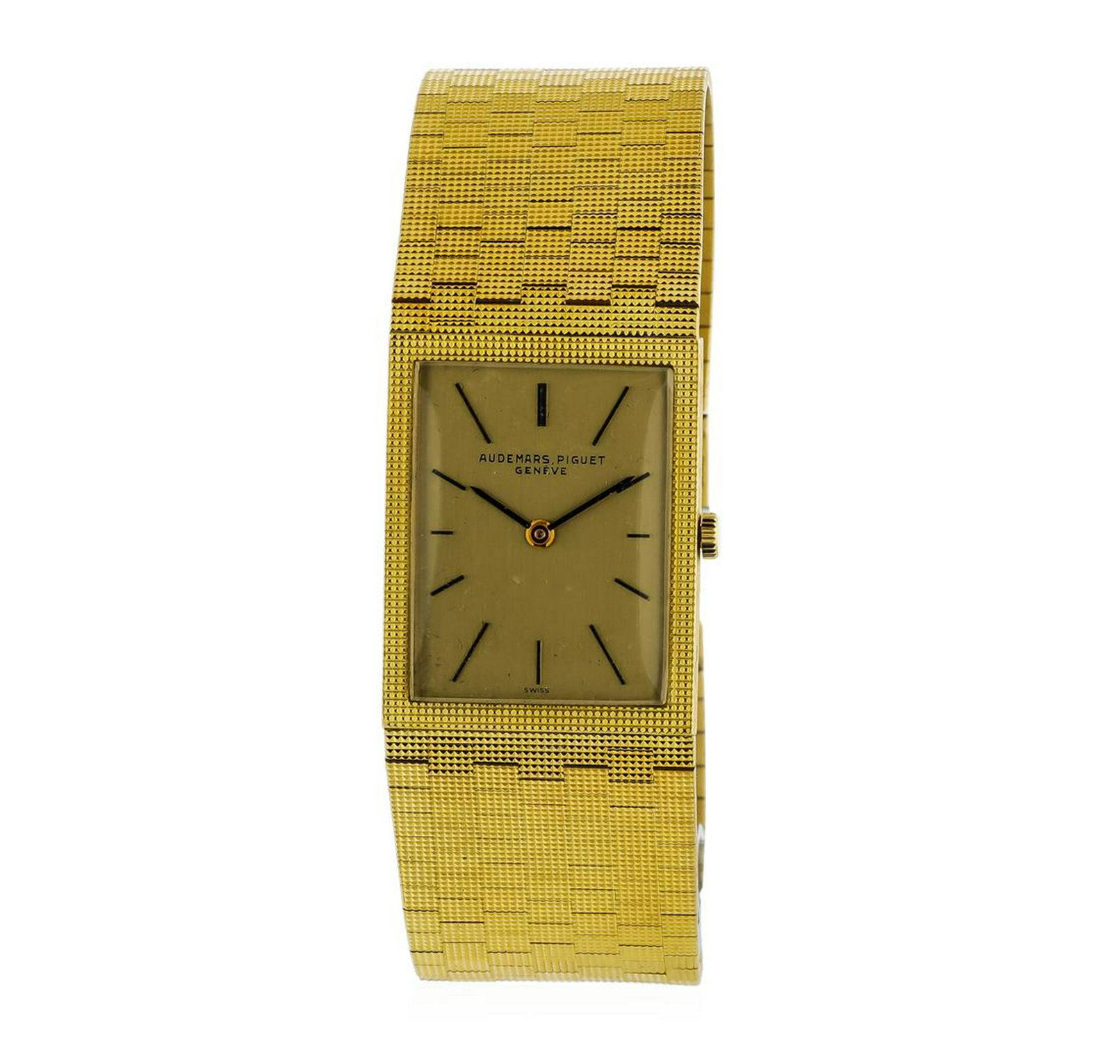 Audemars Piguet 18KT Yellow Gold Men's Watch: One, Audemars Piquet 18KT yellow gold wristwatch electronically tested, Case: 29 x 23mm, Case Back: engraved with an ID number, Inner Case Back: Swiss Hallmarked, Crown: scalloped, low profile, Bezel: