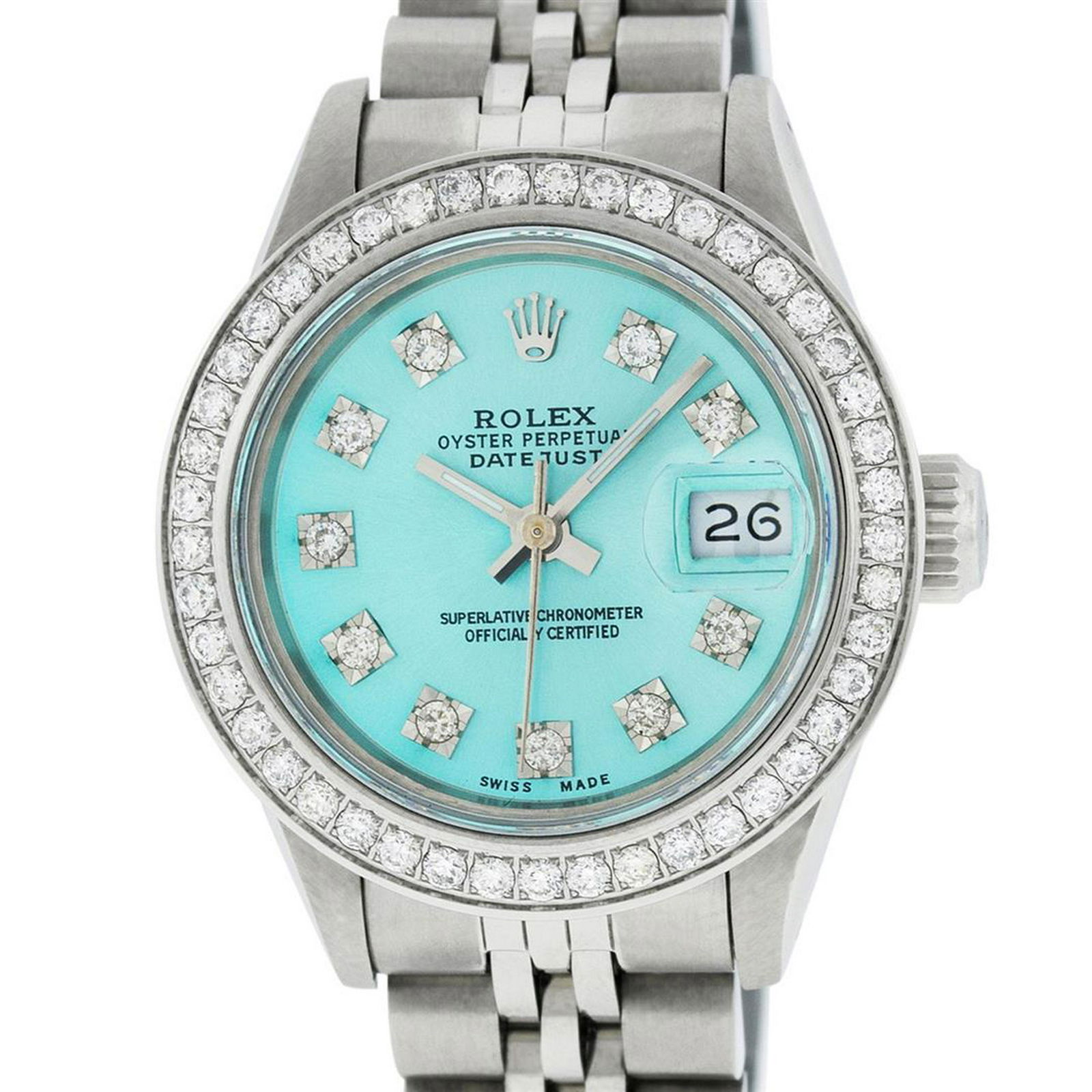 Rolex Ladies Stainless Steel Ice Blue Diamond 26MM: One Ladies Stainless Steel Rolex Datejust Polished Bright with Satin Finish, Serviced & Electronically Tested, Stainless Steel Case: 26mm, Stainless Steel Crown, Custom Bezel: New Stainless Steel Bead