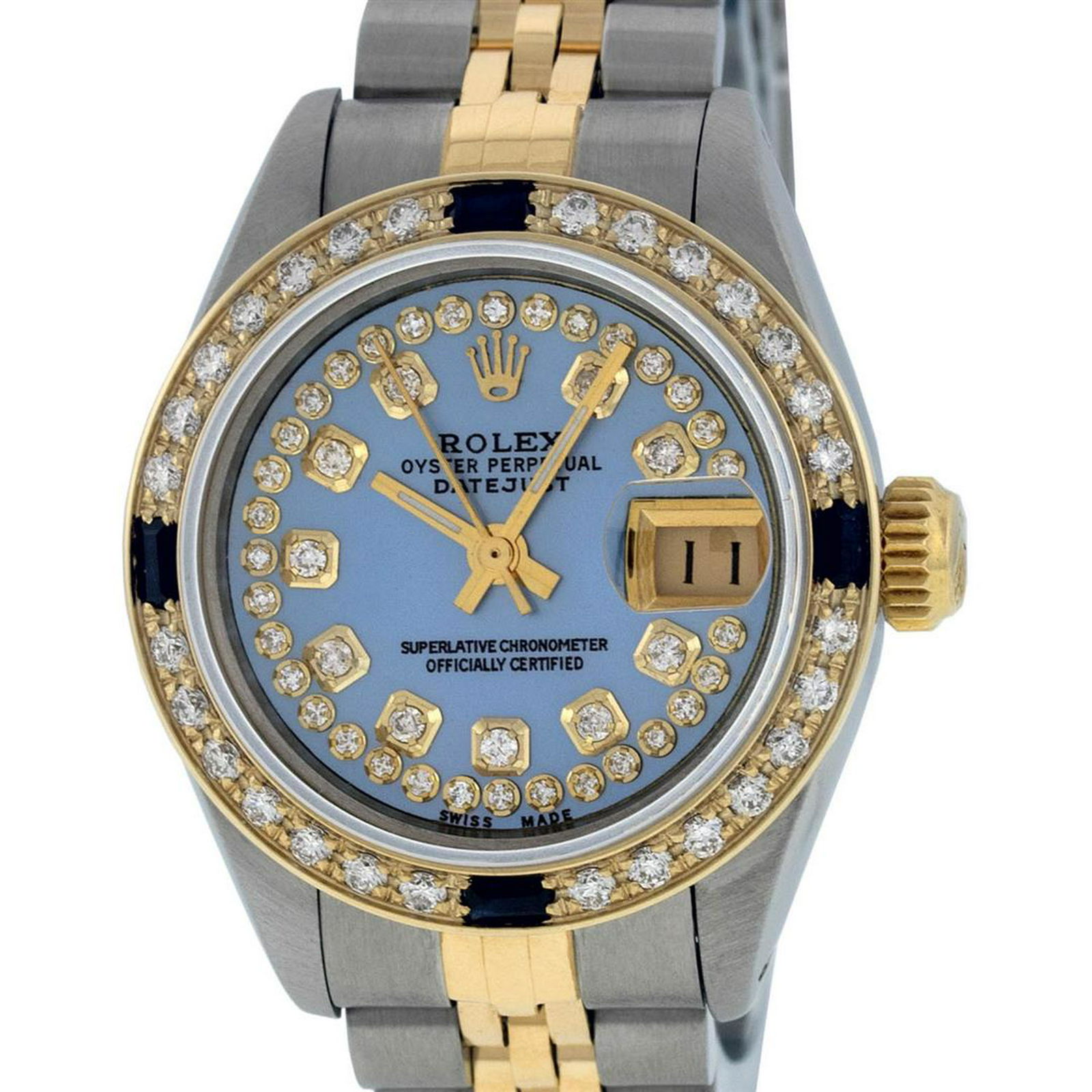 Rolex Ladies 2 Tone Blue Mother Of Pearl Diamond &: One Ladies 14K Two Tone Rolex Datejust Polished, Serviced & Electronically Tested, 14K Yellow Gold & Stainless Steel Case: 26mm, 14K Yellow Gold Crown, Custom Bezel: 18K Yellow Gold Sapphire Beadset D