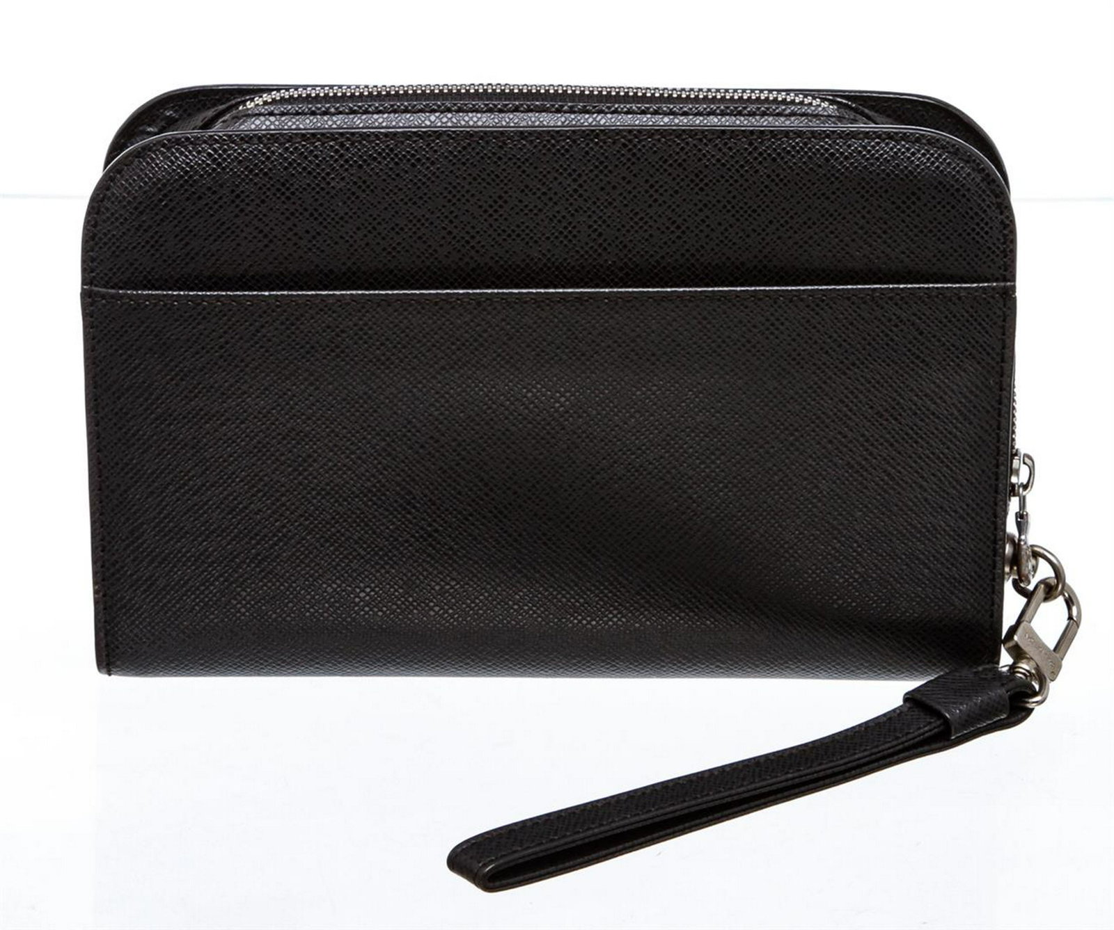 Louis Vuitton Black Taiga Leather Baikal Pochette Bag: Black Taiga leather Louis Vuitton Pochette BaÃ¯kal with white gold-tone hardware, single wristlet strap, single slip pocket at back, tonal leather lining, single slit pocket at interior wall and zip