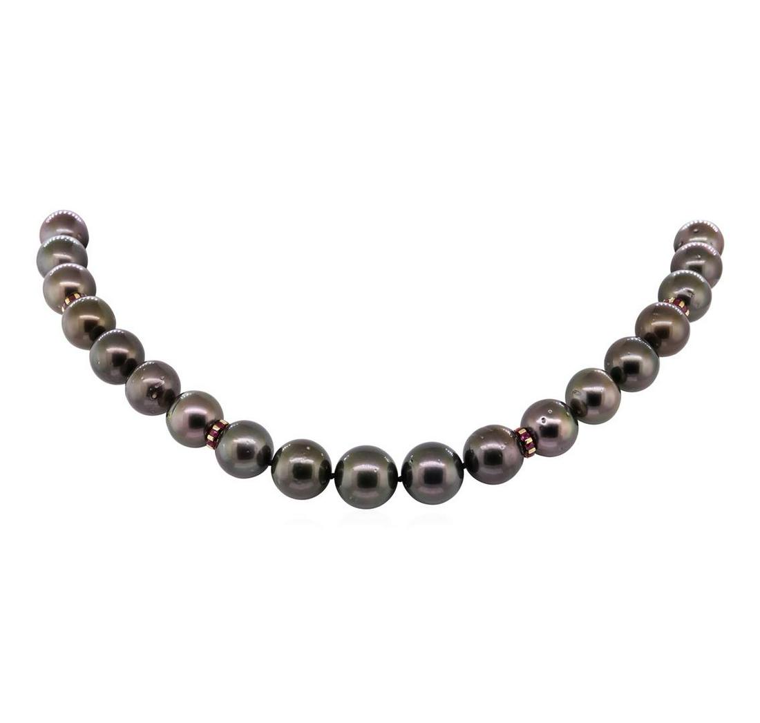 2.98 ctw Ruby, Diamond and Tahitian Pearl Necklace -: One graduated single strand pearl necklace 18.0' princess length, knotted with a tongue clasp & foldover safety containing 33 Tahitian pearls, 12.0mm to 14.8mm in size. The pearls are black in color, 