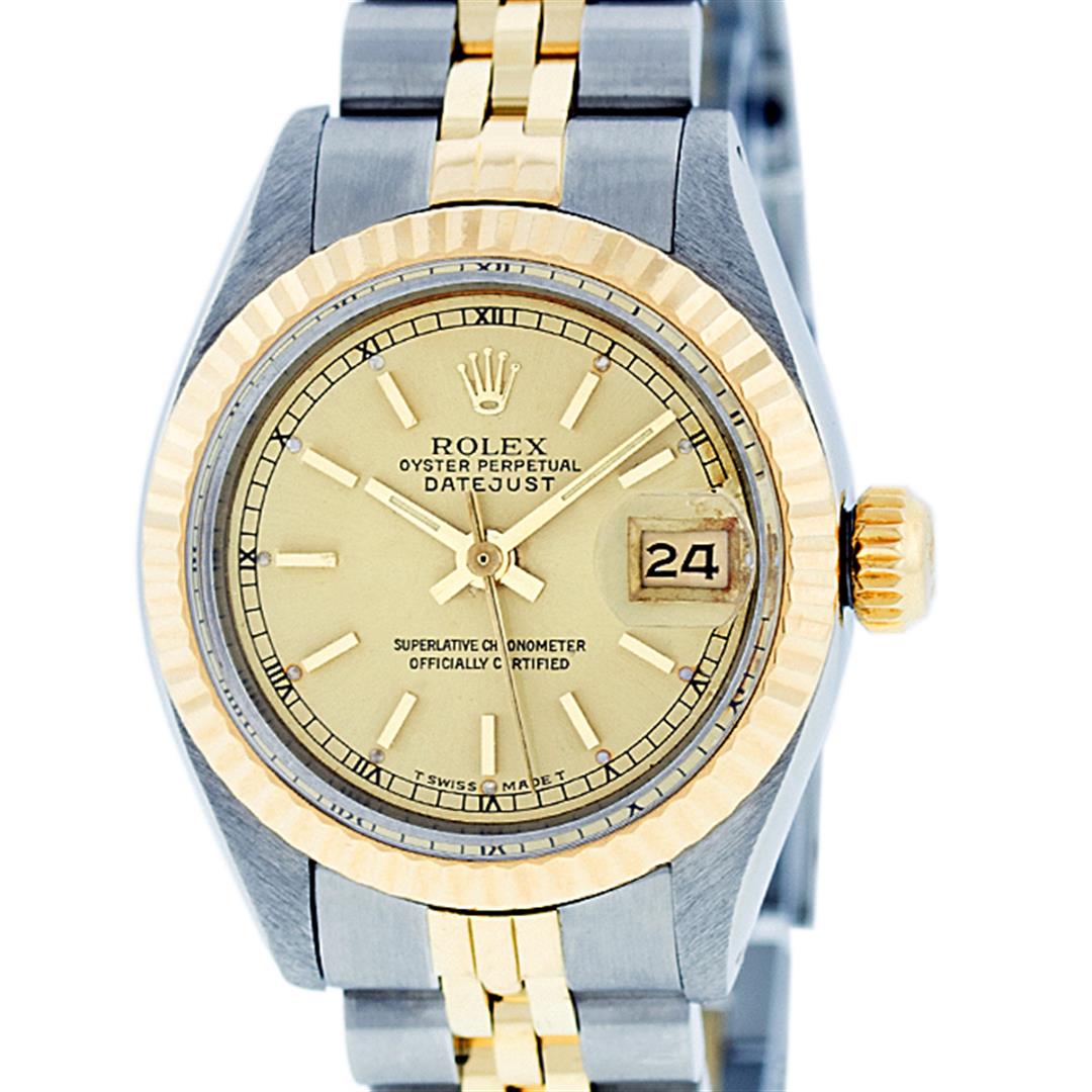 Rolex Ladies 2 Tone 14K Yellow Gold & Stainless Steel: One Ladies 14K Two Tone Rolex Datejust Polished, Serviced & Electronically Tested, 14K Yellow Gold & Stainless Steel Case: 26mm, 14K Yellow Gold Crown, Bezel: 14K Yellow Gold Fluted Bezel. Custom Crys