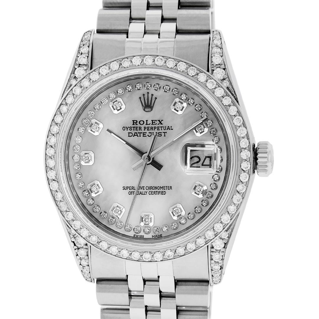 Rolex Mens Stainless Steel Mother Of Pearl Diamond Lugs: One Mens Rolex Datejust Polished Bright with Satin Finish, Serviced & Electronically Tested, Stainless Steel Case: 36mm, Custom Diamond Lugs: 28 Diamonds In Lugs, Color: G to H, Clarity: SI-VS. Stainl