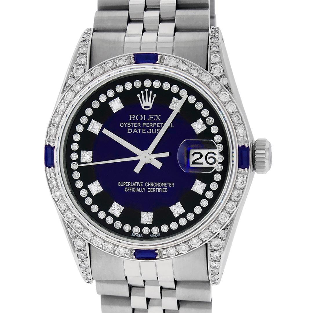 Rolex Mens Stainless Steel Diamond Lugs Blue Vignette &: One Mens Rolex Datejust Polished Bright with Satin Finish, Serviced & Electronically Tested, Stainless Steel Case: 36mm, Custom Diamond Lugs: 28 Diamonds In Lugs, Color: G to H, Clarity: SI-VS. Stainl