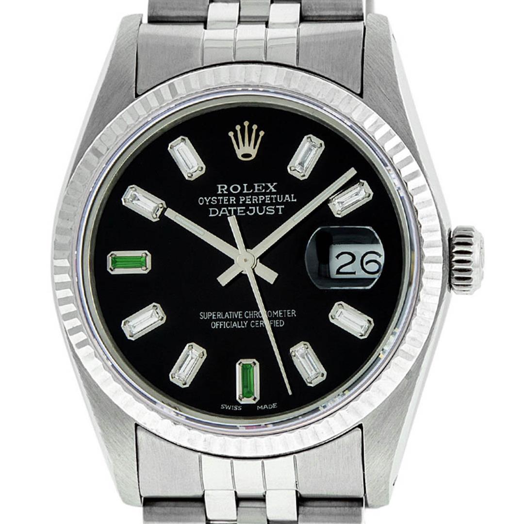Rolex Mens Stainless Steel 36mm Black Diamond Dial: One Mens Rolex Datejust Polished Bright with Satin Finish, Serviced & Electronically Tested, Stainless Steel Case: 36mm, Stainless Steel Crown, Bezel: 14K White Gold Fluted Bezel. Custom Crystal: New