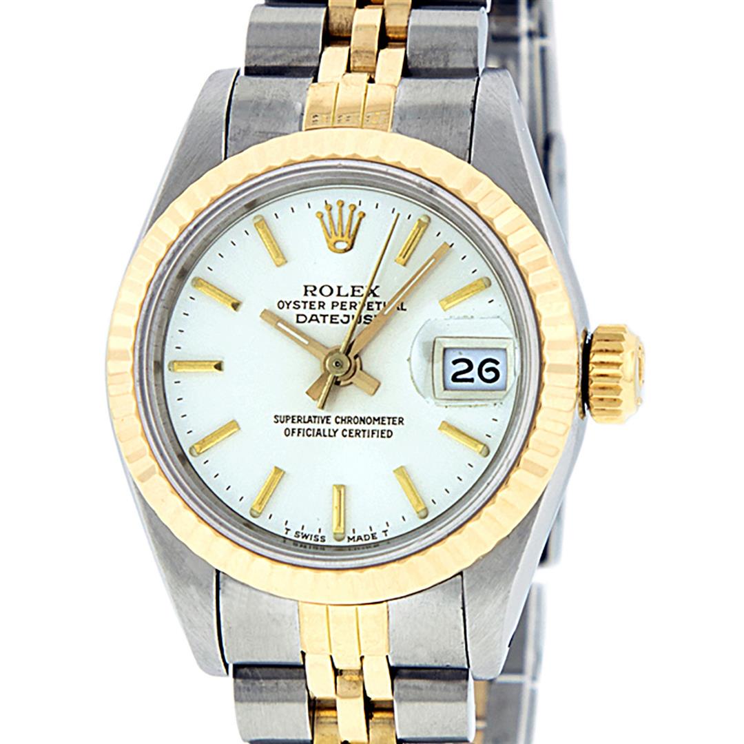 Rolex Ladies 2 Tone 14K White Index Fluted Datejust: One Ladies 14K Two Tone Rolex Datejust Polished, Serviced & Electronically Tested, 14K Yellow Gold & Stainless Steel Case: 26mm, 14K Yellow Gold Crown, Bezel: 14K Yellow Gold Fluted Bezel. Custom Crys