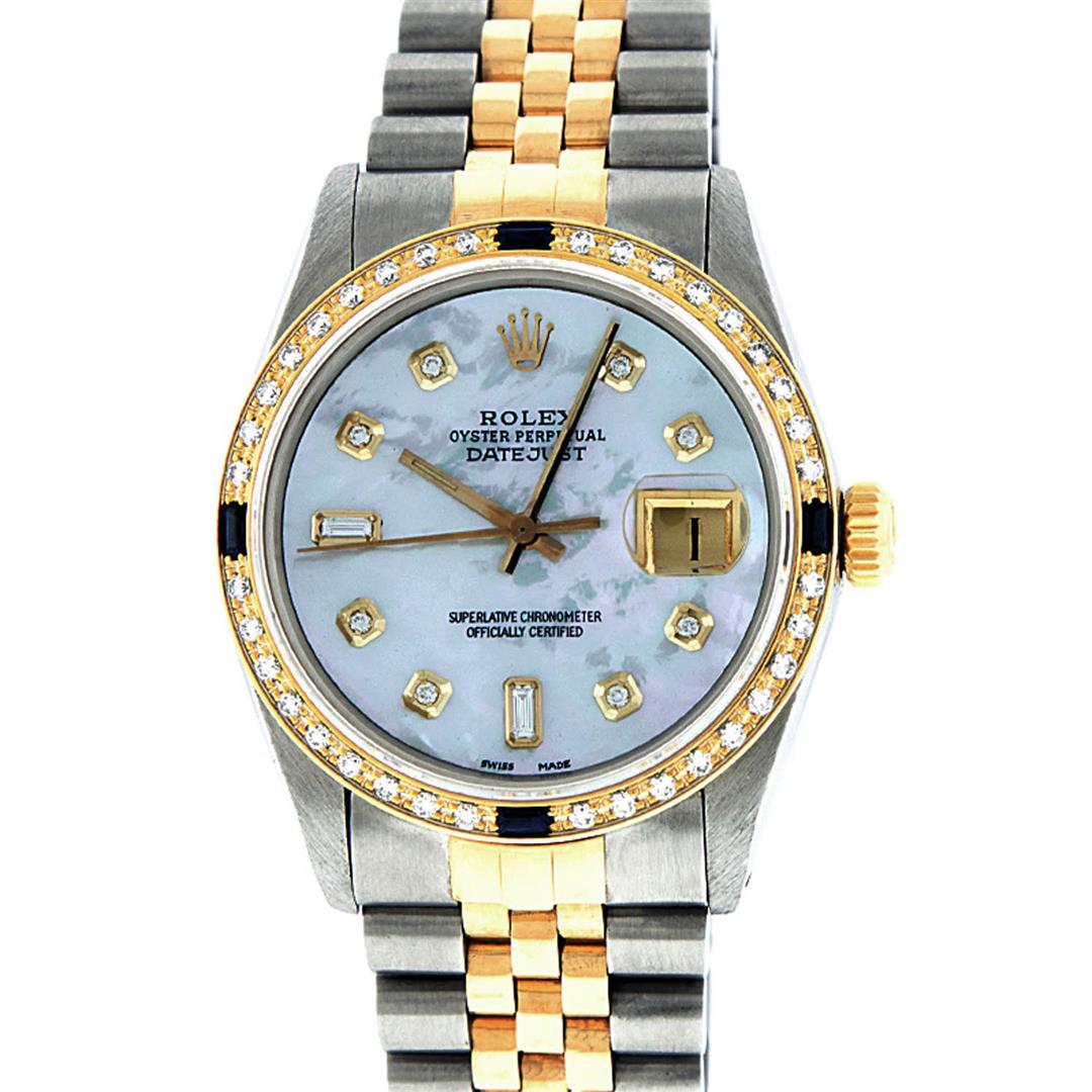 Rolex Mens 2 Tone 14K Mother Of Pearl Diamond &: One Mens 14K Yellow Gold Two Tone Rolex Datejust Polished, Serviced & Electronically Tested, 14K Yellow Gold & Stainless Steel Case:36mm, 14K Yellow Gold Crown, Custom Bezel: New 18K Yellow Gold Sapph