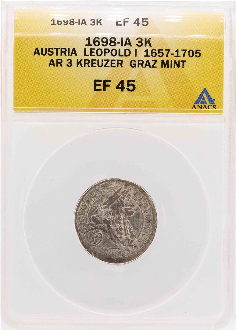 1698-IA Austria Leopold I AR Graz Mint 3 Kreuzer Coin: One 1698-IA Austria Leopold I AR Graz Mint 3 Kreuzer Coin ANACS XF45. ANACS Appraised.
