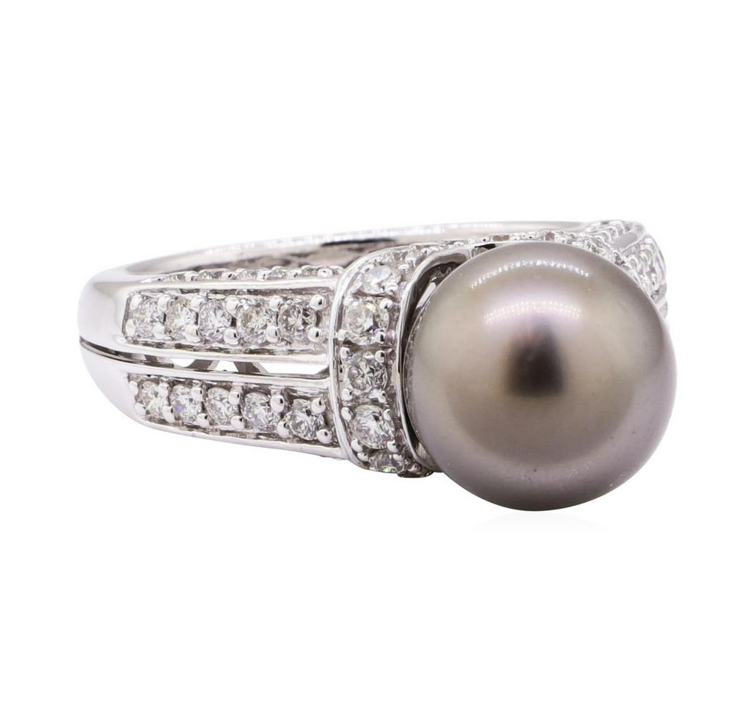 0.86 ctw Tahitian Pearl and Diamond Ring - 14KT White: One electronically tested 14KT white gold lady's cast fashion ring with a tapered split shank with a bright polish finish. The featured lady's ring has raised diamond set shoulders and a shank measuri