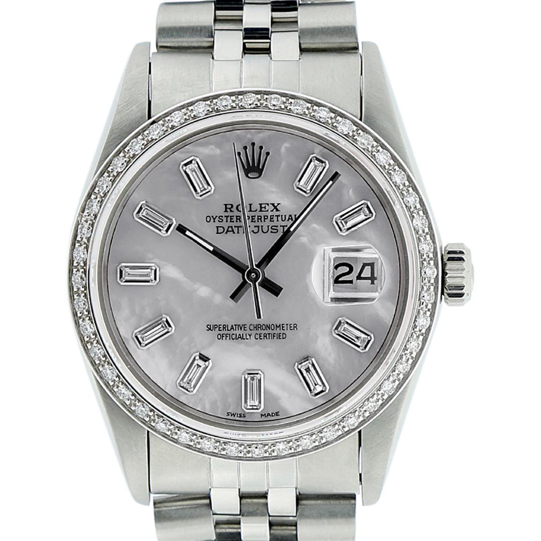 Rolex Mens Stainless Steel MOP Baguette Diamond 36MM: One Mens Rolex Stainless Steel Datejust Polished Bright with Satin Finish, This Watch Has Been Serviced & Electronically Tested, Stainless Steel Case: 36mm, Stainless Steel Crown, Custom Bezel: New 1