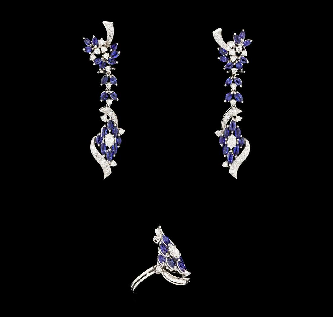 6.00 ctw Sapphire and Diamond Jewelry Suite - 14KT: One suite electronically tested 14KT white gold lady's combination cast & assembled fashion ring and earrings with Omega clip backs with posts with a bright polish finish. The featured lady's ring has