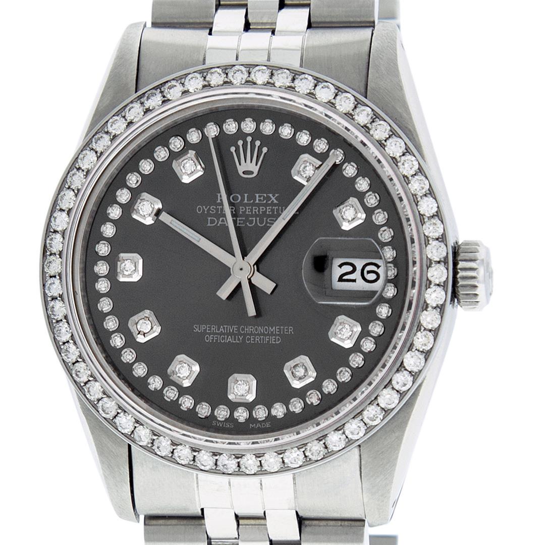Rolex Mens Stainless Steel Rhodium String Diamond 36MM: One Mens Rolex Stainless Steel Datejust Polished Bright with Satin Finish, This Watch Has Been Serviced & Electronically Tested, Stainless Steel Case: 36mm, Stainless Steel Crown, Custom Bezel: New S