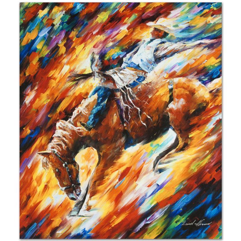 Rodeo, Dangerous Games by Afremov, Leonid: Leonid Afremov's masterful use of color and texture make his paintings unique collectibles that are sure to brighten any wall. "Rodeo - Dangerous Games" is a limited edition giclee on canvas. The piec