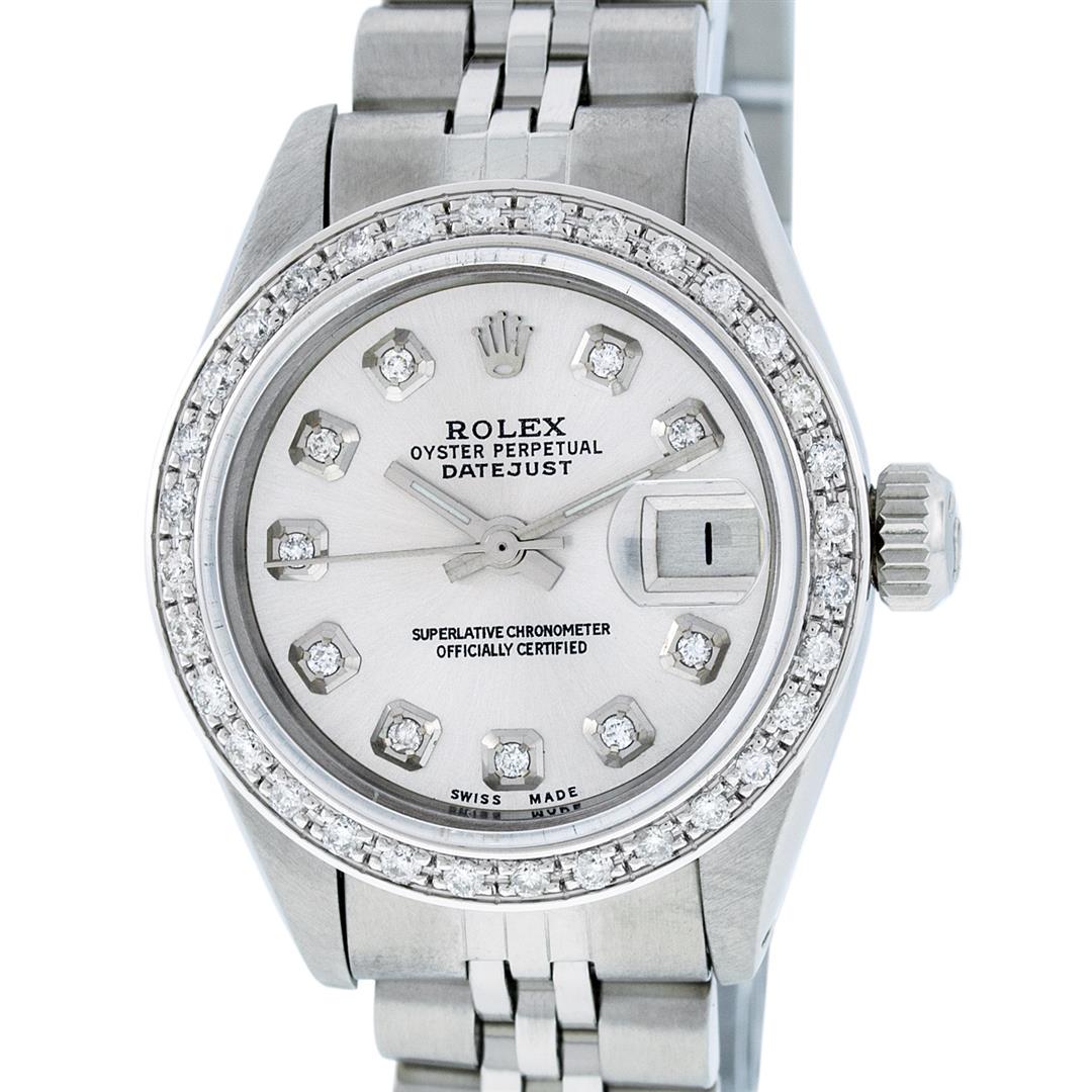 Rolex Ladies Stainless Steel Silver Diamond 26MM: One Ladies Stainless Steel Rolex Datejust Polished Bright with Satin Finish, Serviced & Electronically Tested, Stainless Steel Case: 26mm, Stainless Steel Crown, Custom Bezel: New 18K White Gold Beads