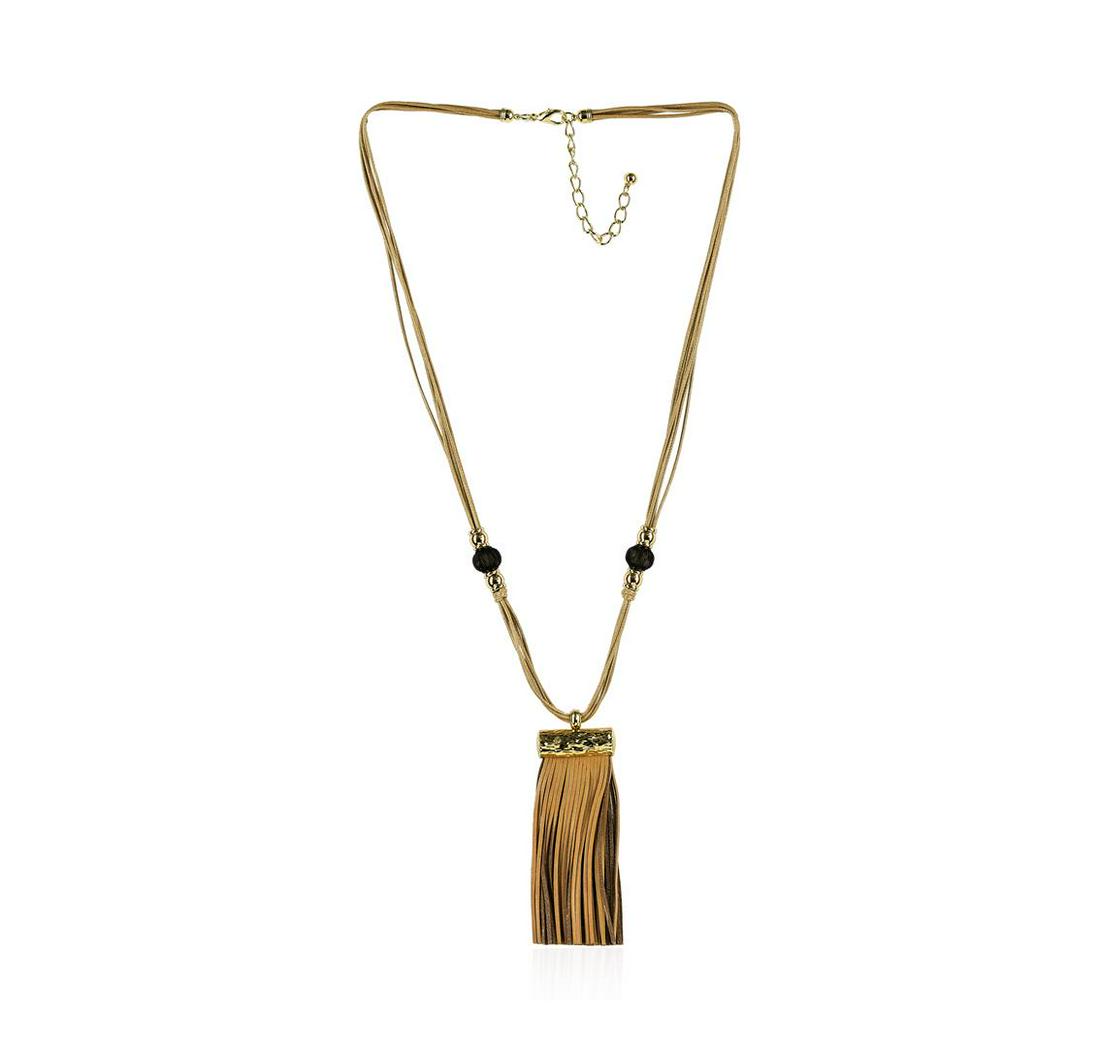 Bamboo Leather Tassel Necklace - Gold Plated: High end designer jewelry. Bamboo Leather Tassel Necklace - Gold Plated. Gold Plated Metal/4" Ext Clasp. Khaki/ Gold. 31/4inches. Total Weight: 57 grams.