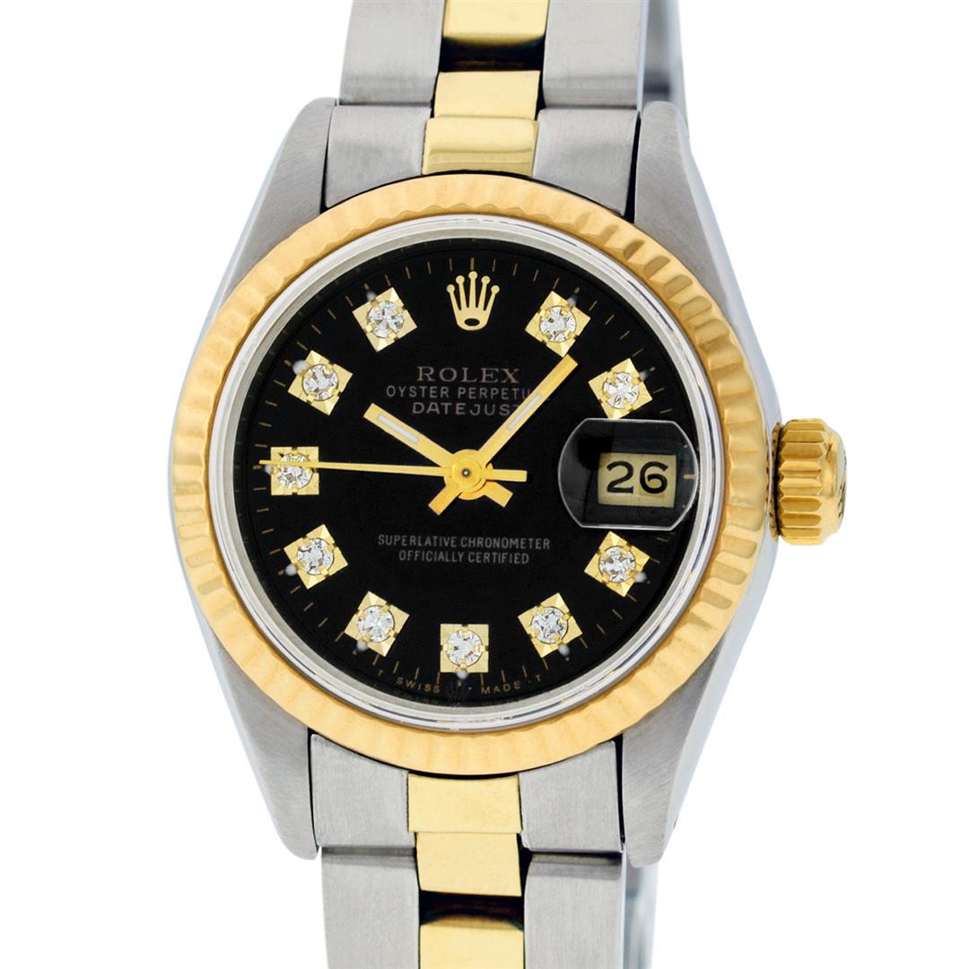 Rolex Ladies 2 Tone 14K Black Diamond 26MM Datejust: One Ladies 14K Two Tone Rolex Datejust Polished, Serviced & Electronically Tested, 14K Yellow Gold & Stainless Steel Case: 26mm, 14K Yellow Gold Crown, Bezel: 14K Yellow Gold Fluted Bezel. Custom Crys