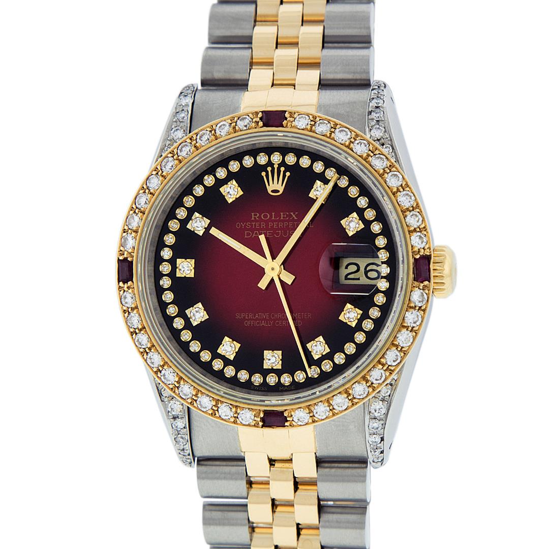 Rolex Mens 2 Tone 14K Lugs Red Vignette Diamond String: One Mens 14K Yellow Gold Rolex Datejust Polished Bright with Satin Finish, Serviced & Electronically Tested, Stainless Steel Case: 36mm, Custom Diamond Lugs: 28 Diamonds On Lugs, Color: G to H, Clarit