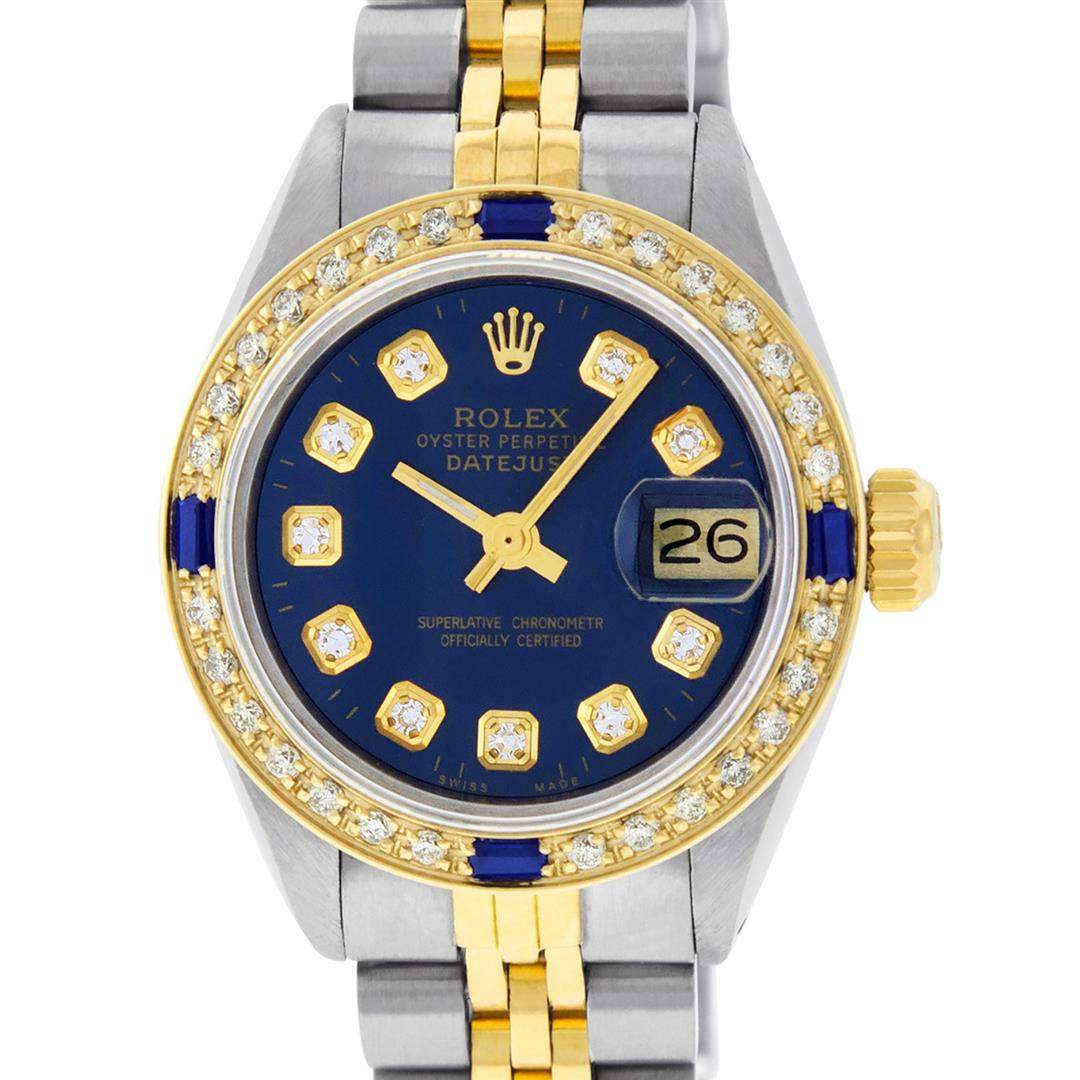 Rolex Ladies 2 Tone Blue Diamond & Sapphire Datejust: One Ladies 14K Two Tone Rolex Datejust Polished, Serviced & Electronically Tested, 14K Yellow Gold & Stainless Steel Case: 26mm, 14K Yellow Gold Crown, Custom Bezel: New 18K Yellow Gold Sapphire Beads