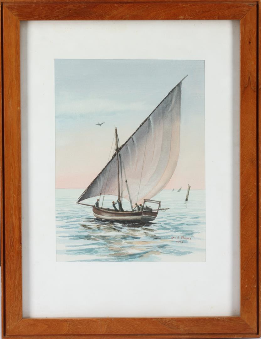Under Way by Reg B. Original Watercolor Circa 1954: This is an Original Watercolor by artist Reg B. Strange. Signed and dated in lower right in artists hand. Titled on back in artists hand. Original solid Teak framed. Art measures 10.5" x 8" and frame
