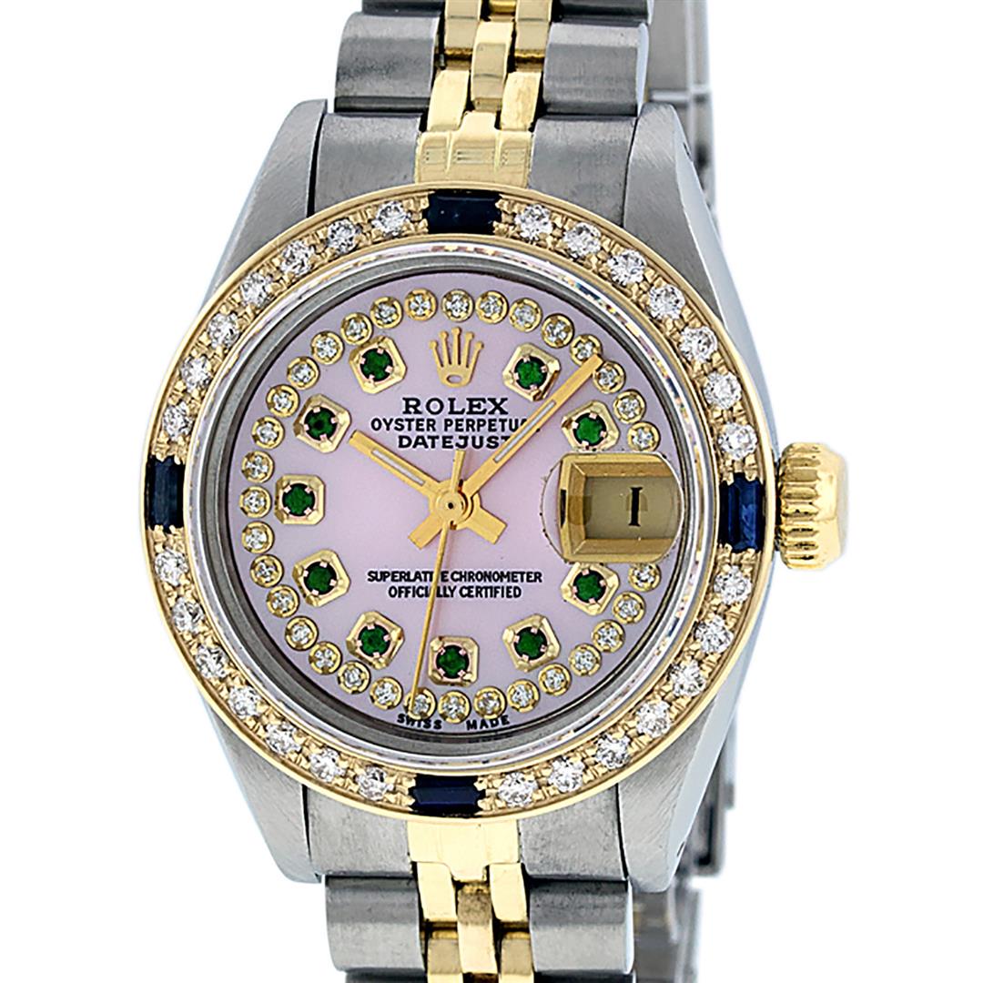 Rolex Ladies 2 Tone 14K Pink MOP Emerald & Sapphire: One Ladies 14K Two Tone Rolex Datejust Polished, Serviced & Electronically Tested, 14K Yellow Gold & Stainless Steel Case: 26mm, 14K Yellow Gold Crown, Custom Bezel: New 18K New Yellow Gold Sapphire B