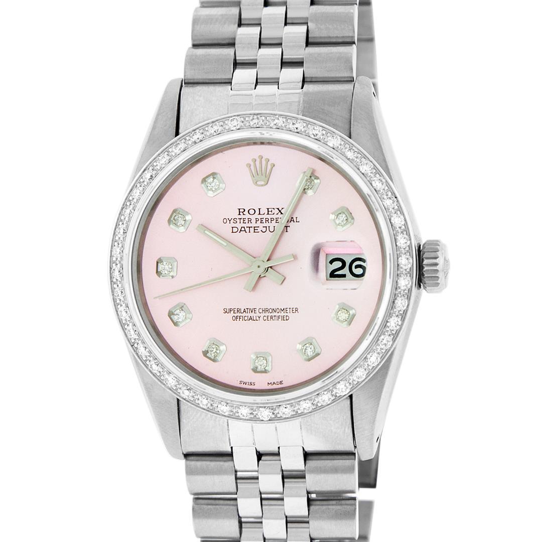 Rolex Mens Stainless Steel Pink Diamond 36MM Datejust: One Mens Stainless Steel Rolex Datejust Polished, Serviced & Electronically Tested, Stainless Steel Case: 36mm, Stainless Steel Crown, Custom Bezel: New 18K White Gold Beadset Diamond Bezel, Diamond C