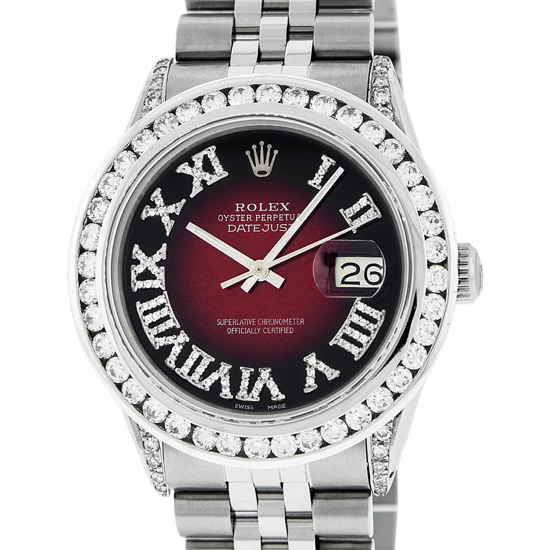Rolex Mens Stainless Steel Red Vignette Roman Diamond: One Mens Stainless Steel Rolex Datejust Polished Bright with Satin Finish, Serviced & Electronically Tested, Stainless Steel Case: 36mm, Diamond Lugs: 24 Diamonds On Lugs, Color: G to H, Clarity: SI-V