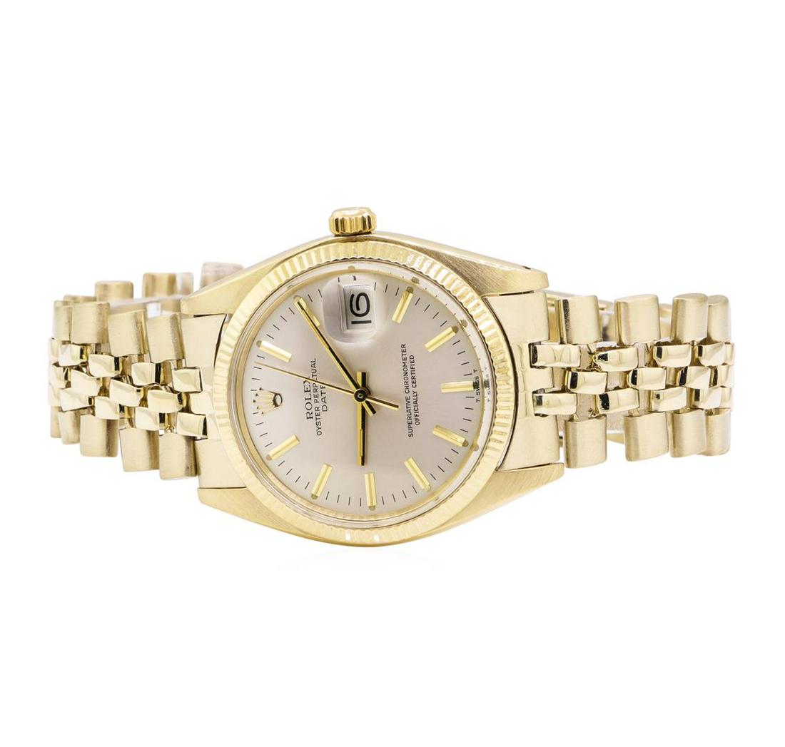 Rolex Oyster Perpetual Date Wrist Watch - 14KT Yellow: One man's, hand crafted and machine milled Rolex Oyster perpetual date wrist watch electronically tested 14KT yellow gold, Serial#: 5819711, Case: 35mm, Crown: screw-down, Bezel: fluted gold, Crystal: