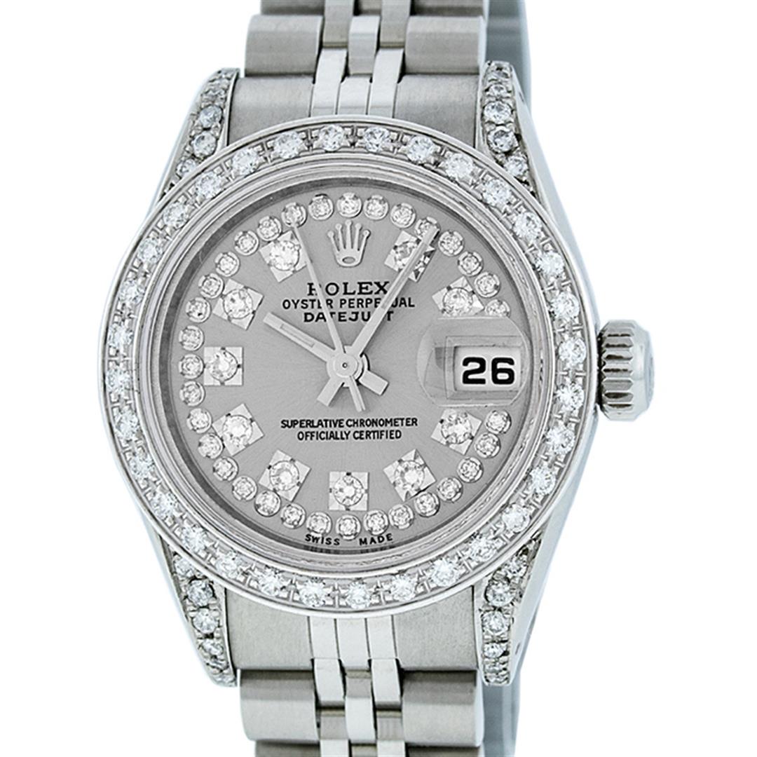 Rolex Ladies Stainless Steel 26MM Slate Grey String: One Ladies Stainless Steel Rolex Datejust Polished Bright with Satin Finish, Serviced & Electronically Tested, Stainless Steel Case: 26mm, Stainless Steel Crown, Custom Diamond Lugs: 24 Diamonds On Lu