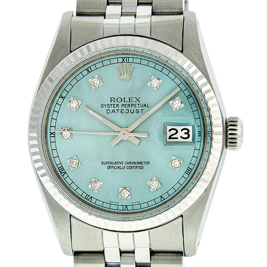 Rolex Mens Stainless Steel Ice Blue Diamond Datejust: One Mens Stainless Steel Rolex Datejust Polished Bright with Satin Finish, This Watch Has Been Serviced & Electronically Tested, Stainless Steel Case: 36mm, Stainless Steel Crown, Original Bezel: 14K 